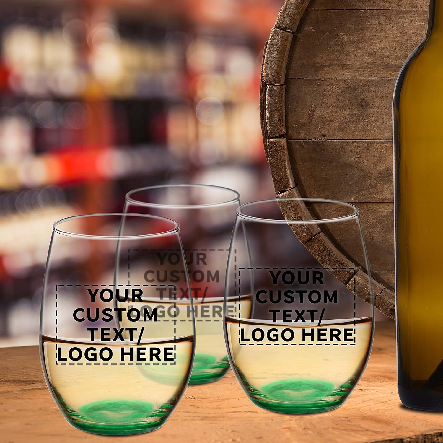 DISCOUNT PROMOS Juego de 10 copas de vino ARC sin tallo, 21 onzas, texto personalizable, logotipo, Chardonnay, Cabernet, Merlot, Sauvignon, verde