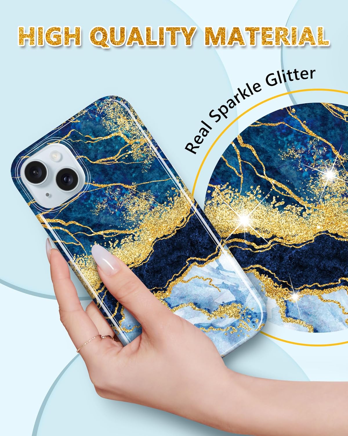 JIAXIUFEN Funda compatible con iPhone 15 Plus, diseño de mármol con purpurina dorada, a prueba de golpes, delgada, suave, funda de silicona TPU de