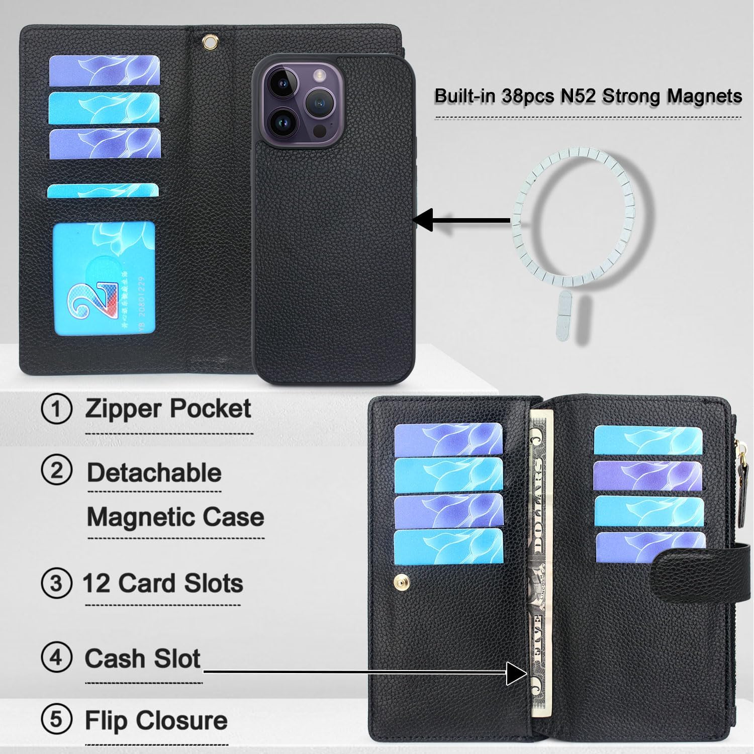 Lacass Compatible con MagSafe Case Wallet para iPhone 14 Pro Max de 6.7 pulgadas, 2 en 1, magnética, desmontable, de piel, con tarjetero y correa