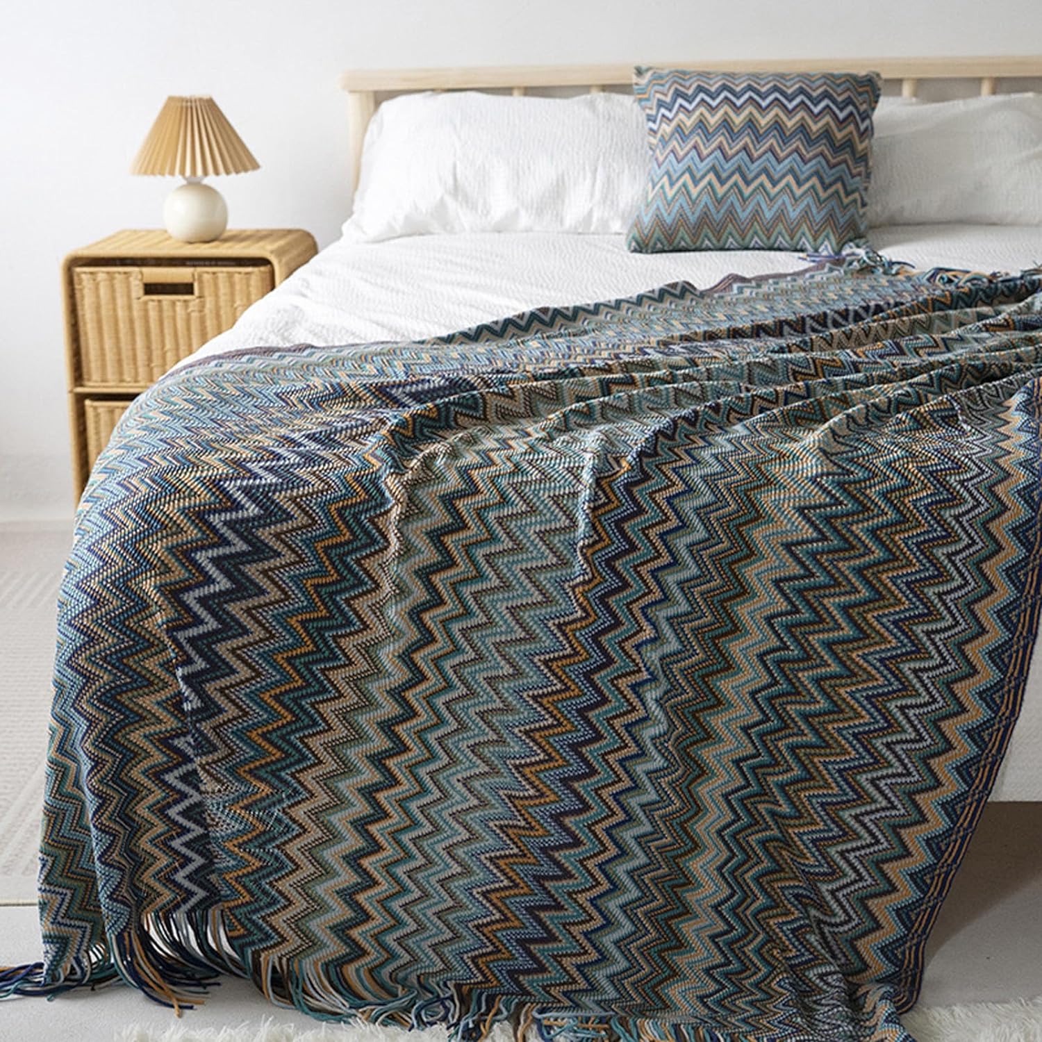 Manta bohemia de punto con borlas, para exteriores, reversible, suave, acogedora, ligera, para sofá o cama, para todas las estaciones, color azul,