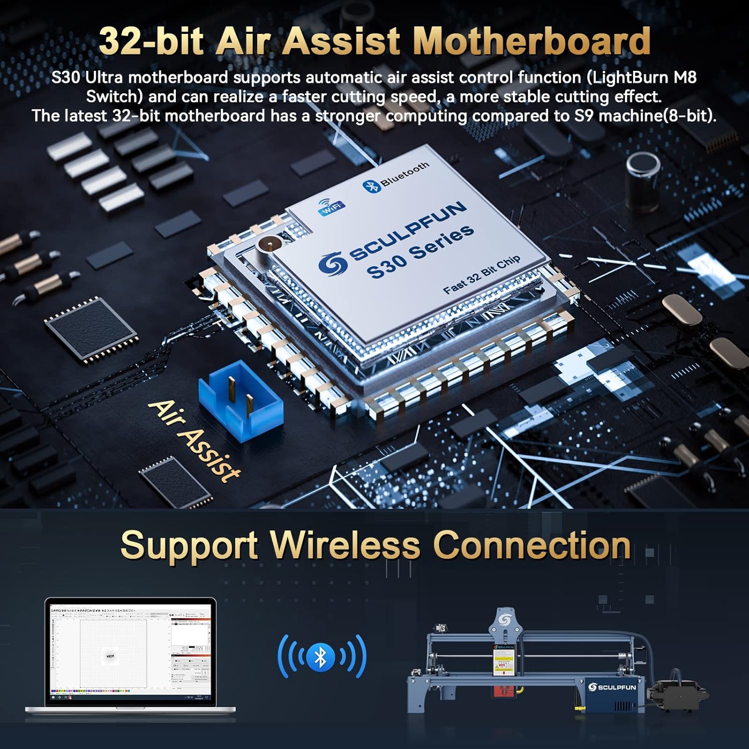 SCULPFUN Módulo láser de actualización S9 22W, bomba de asistencia de aire de control automático con placa base de 32 bits con interruptor de límite