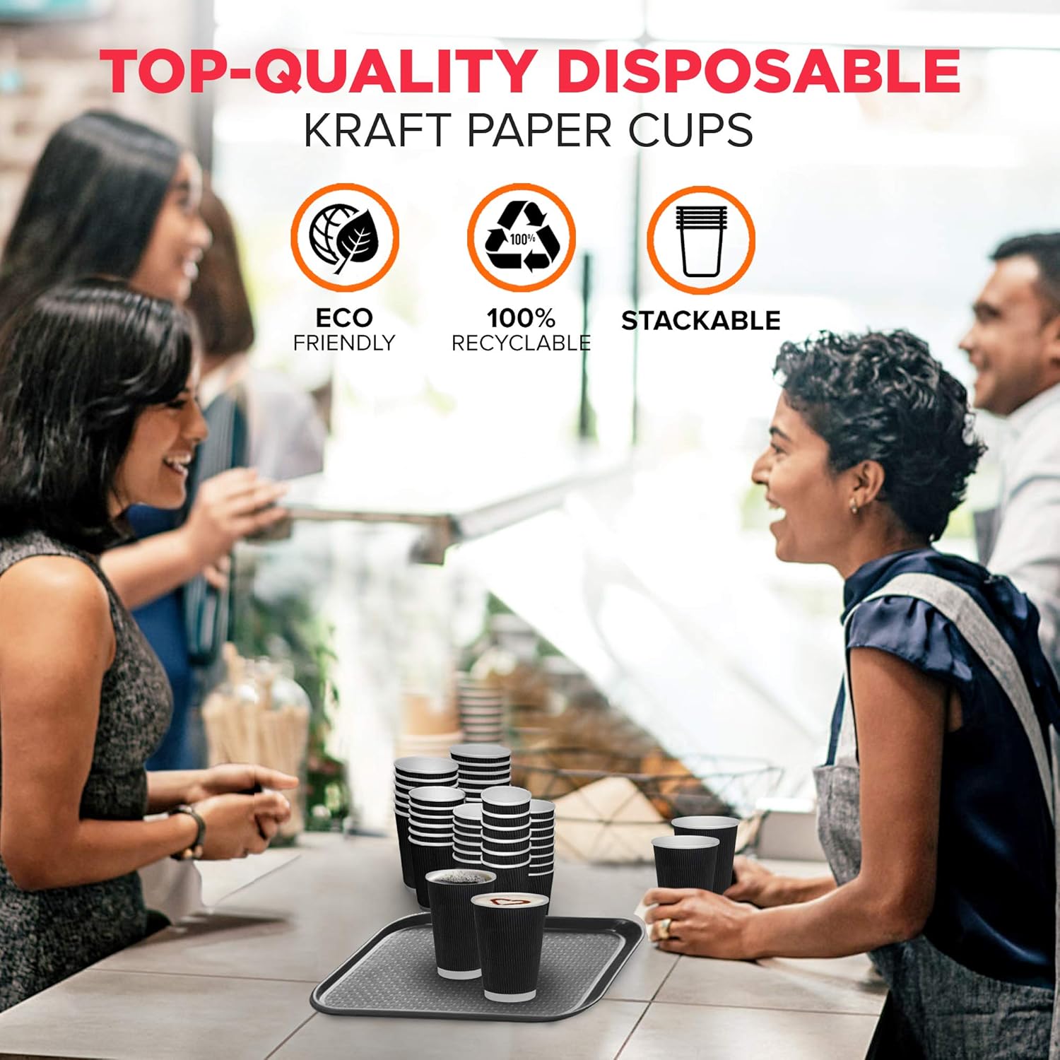 Fit Meal Prep Paquete de 50 tazas calientes desechables  12 onzas negras con aislamiento de doble pared con mangas onduladas para llevar, bebidas