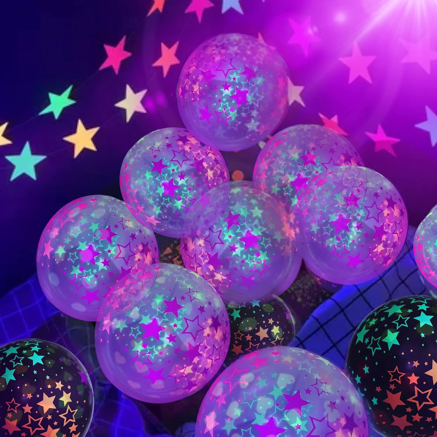 90 globos de neón UV, globos de fiesta con estrellas de neón, globos de luz negra UV que brillan en la oscuridad para decoraciones de cumpleaños,
