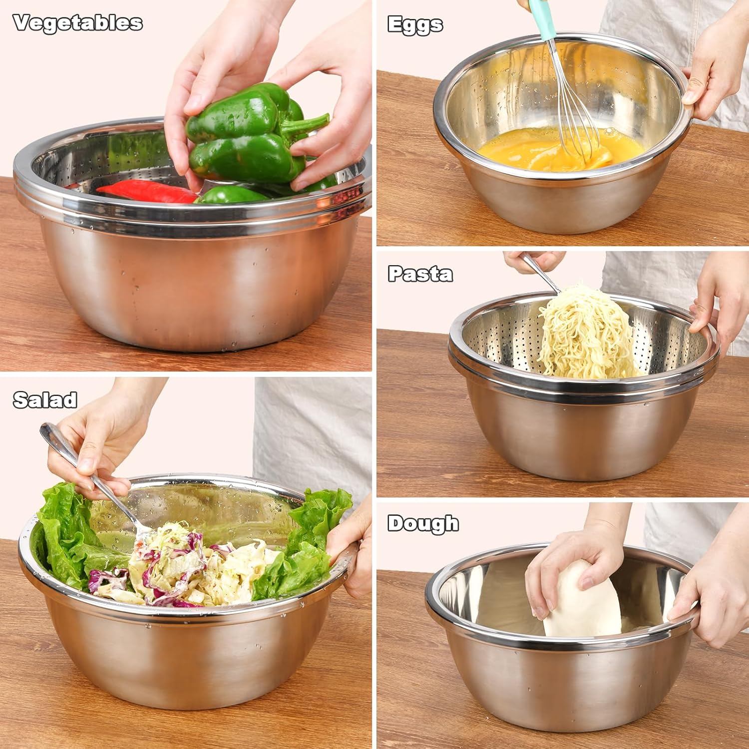 Colador de acero inoxidable 304, colador de arroz de 5 cuartos extragrande con tazones para mezclar, coladores y coladores para cocina para escurrir