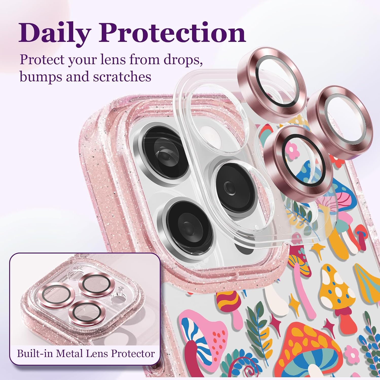 casevivid Funda compatible con iPhone 15 Pro Max, bonita estética, funda de teléfono rosa con purpurina y protector de cámara, funda con estampado