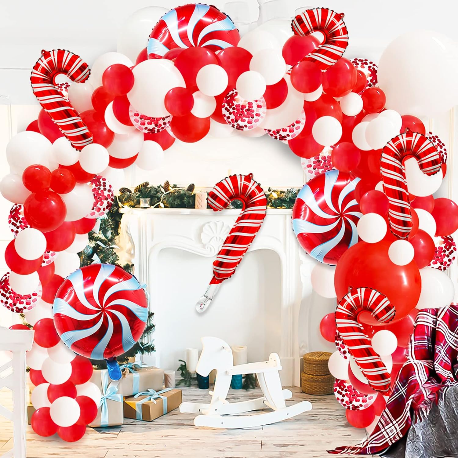 Kit de guirnalda de globos de bastón de caramelo de Navidad de 115 piezas para decoraciones de Navidad, globos de látex blanco y rojo con bastón de