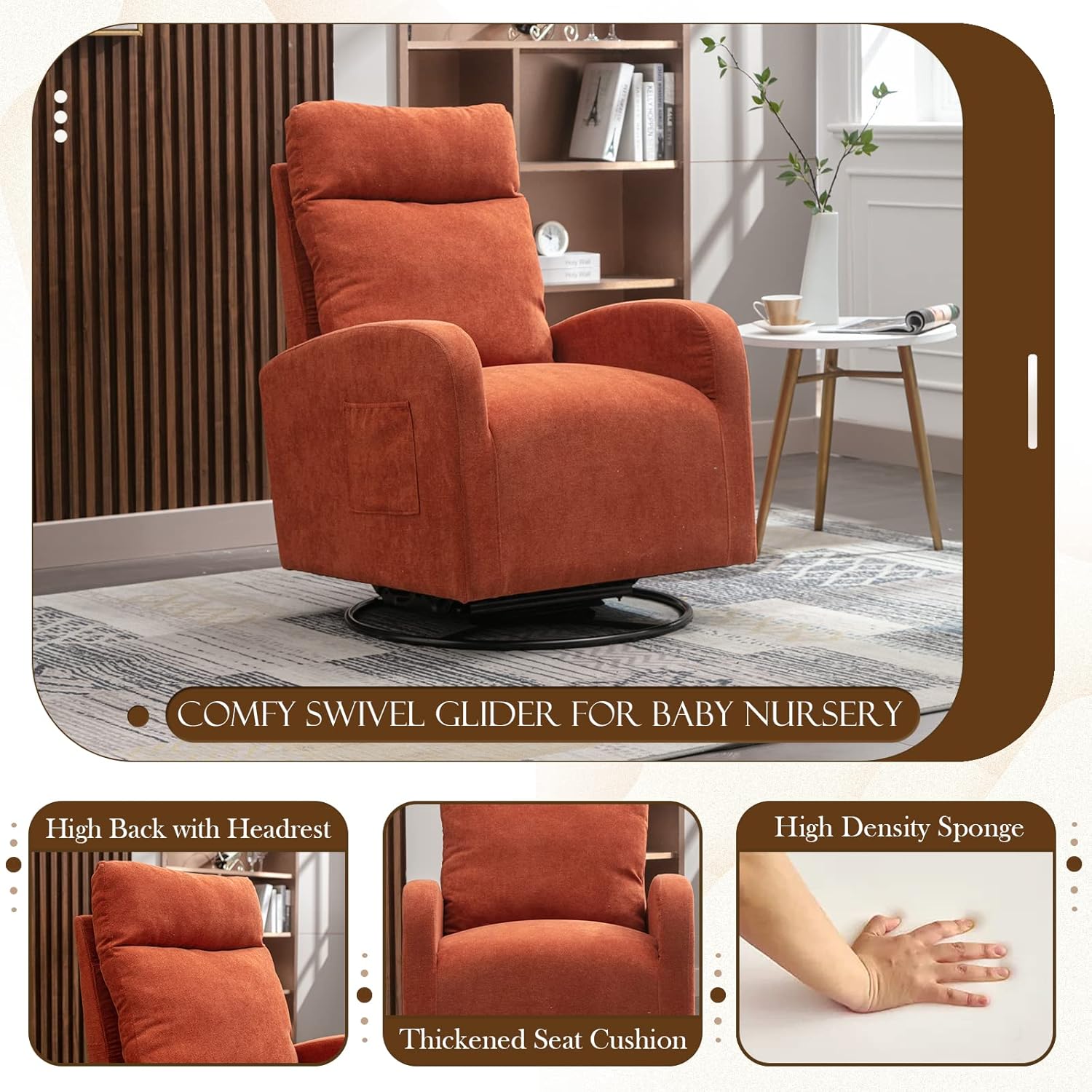 KINFFICT Silla giratoria moderna, mecedora tapizada para el cuarto del bebé, cómoda silla mecedora con respaldo alto con bolsillo lateral y