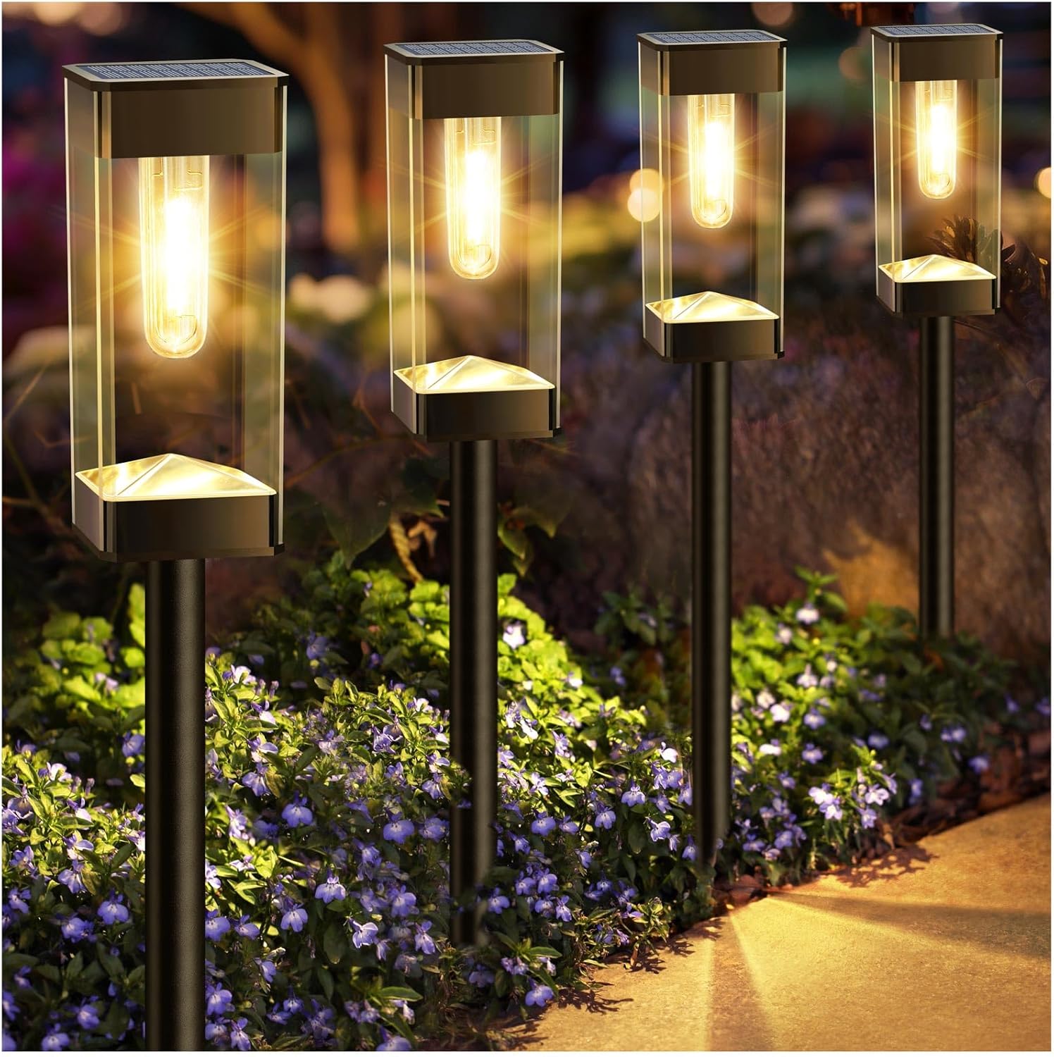Gorrzai Luces solares para camino, luces solares impermeables para exteriores con bombilla LED de filamento de tungsteno, luces solares para