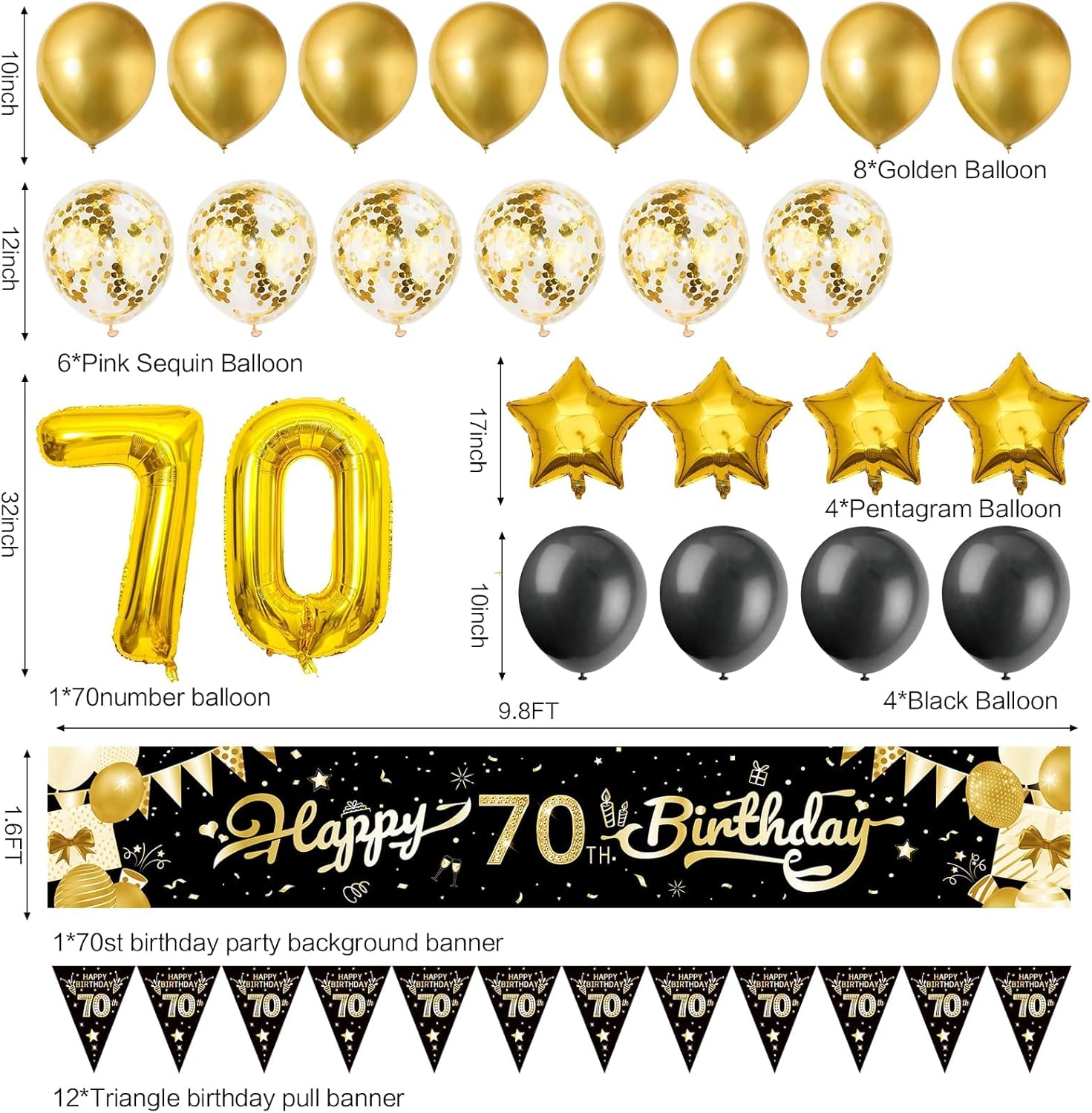 Cartel grande de decoración de cumpleaños 70 de 9.8 x 1.6 pies, juego de decoración de fiesta de feliz cumpleaños negro y dorado, telón de fondo de