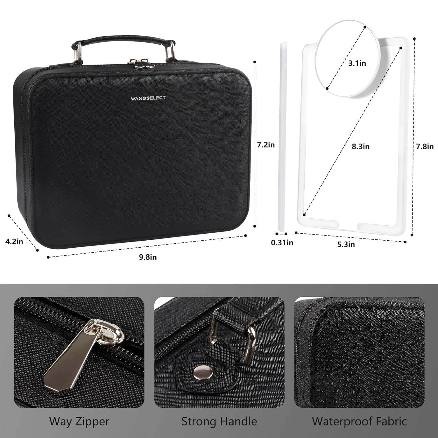 WangSelect Estuche de tren de maquillaje, organizador de bolsas de cosméticos con espejo de maquillaje iluminado plegable portátil y espejo de