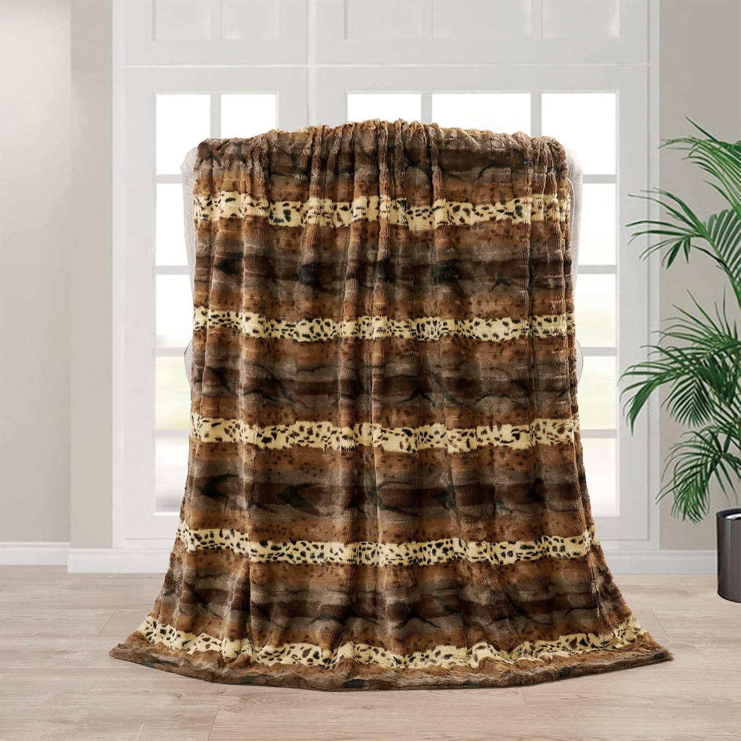 Manta de piel sintética marrón con estampado de leopardo cepillado de doble cara de 50 x 60 pulgadas, manta de felpa ligera y esponjosa para sofá,