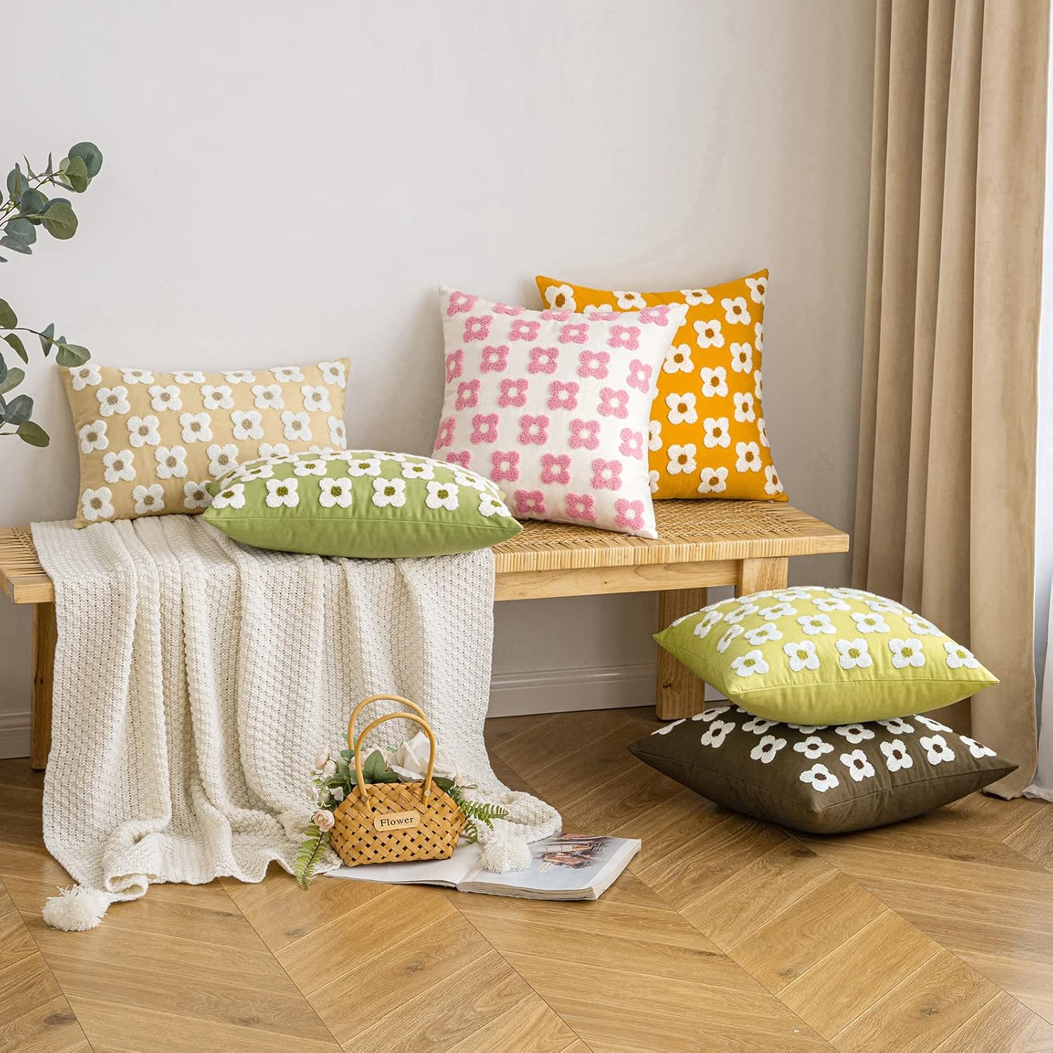 EMEMA Juego de 2 fundas de cojín decorativas de jacquard, diseño de margaritas y sol, flor, jacquard, para sofá, cama, sala de estar y dormitorio,