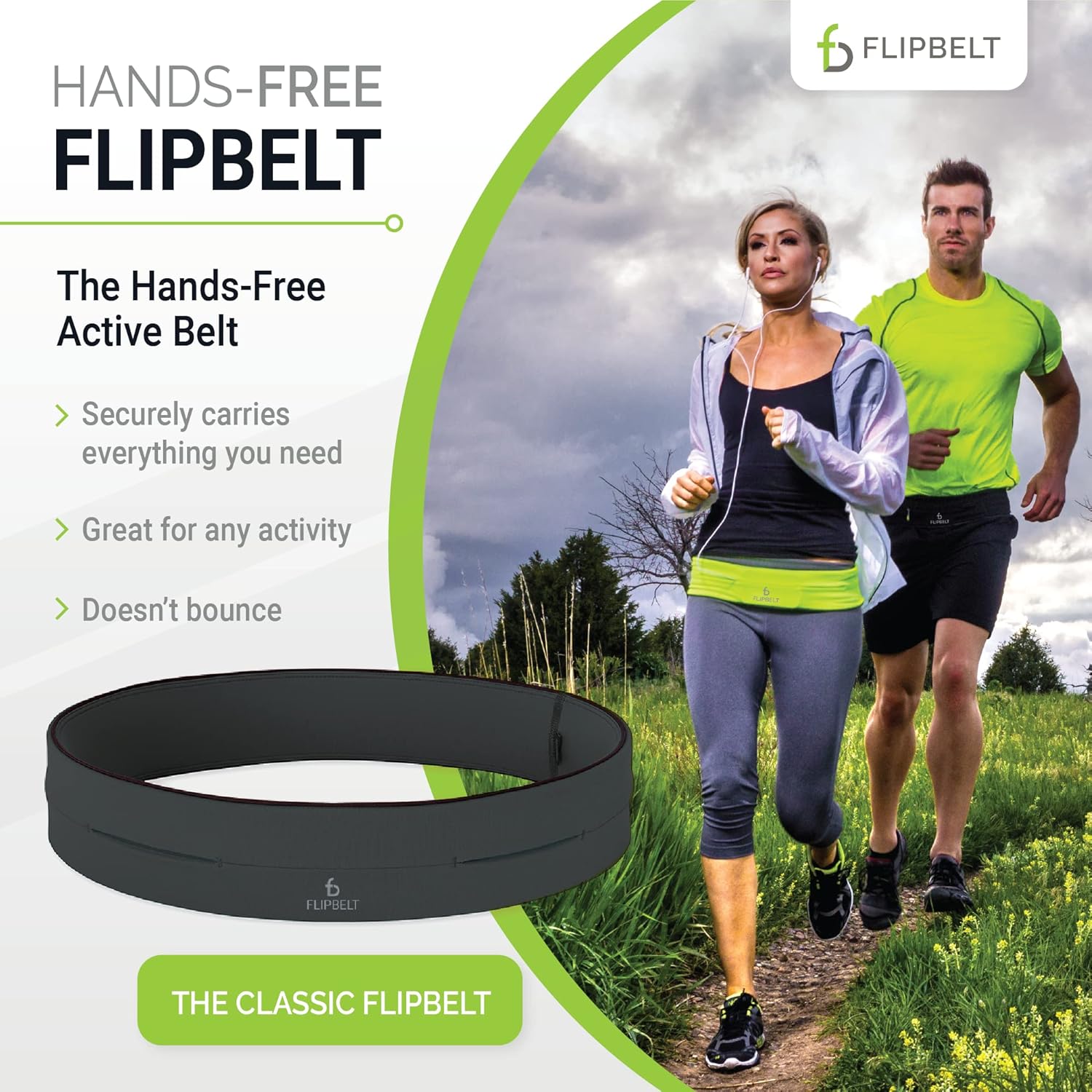 FlipBelt Cinturón clásico para correr, riñonera para mujeres y hombres, no rozaduras para teléfono, cinturón de almacenamiento que absorbe la