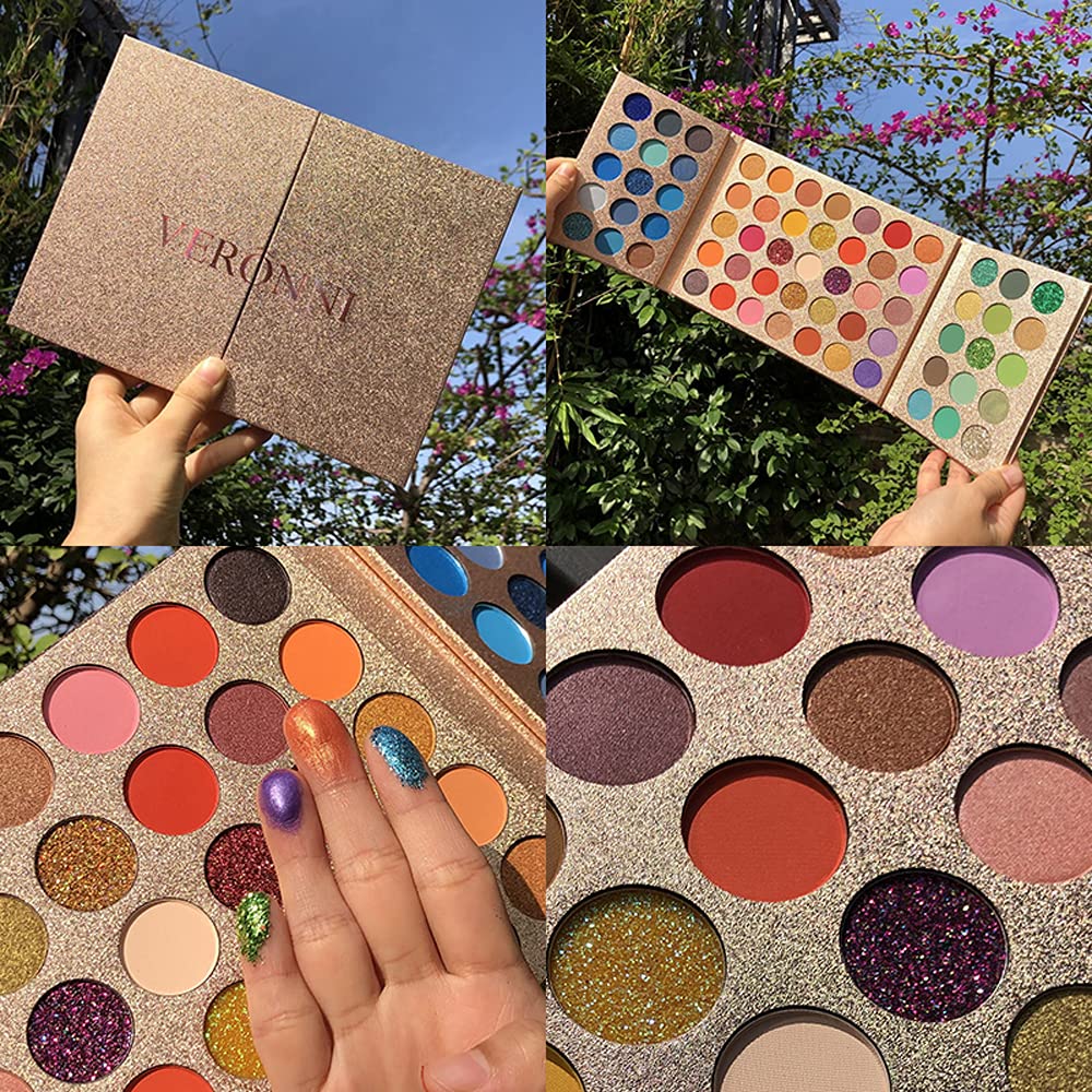 VERONNI Paleta de sombras de ojos profesional de 65 colores, altamente pigmentada con purpurina metálica brillante mate, ultra mezclable, color