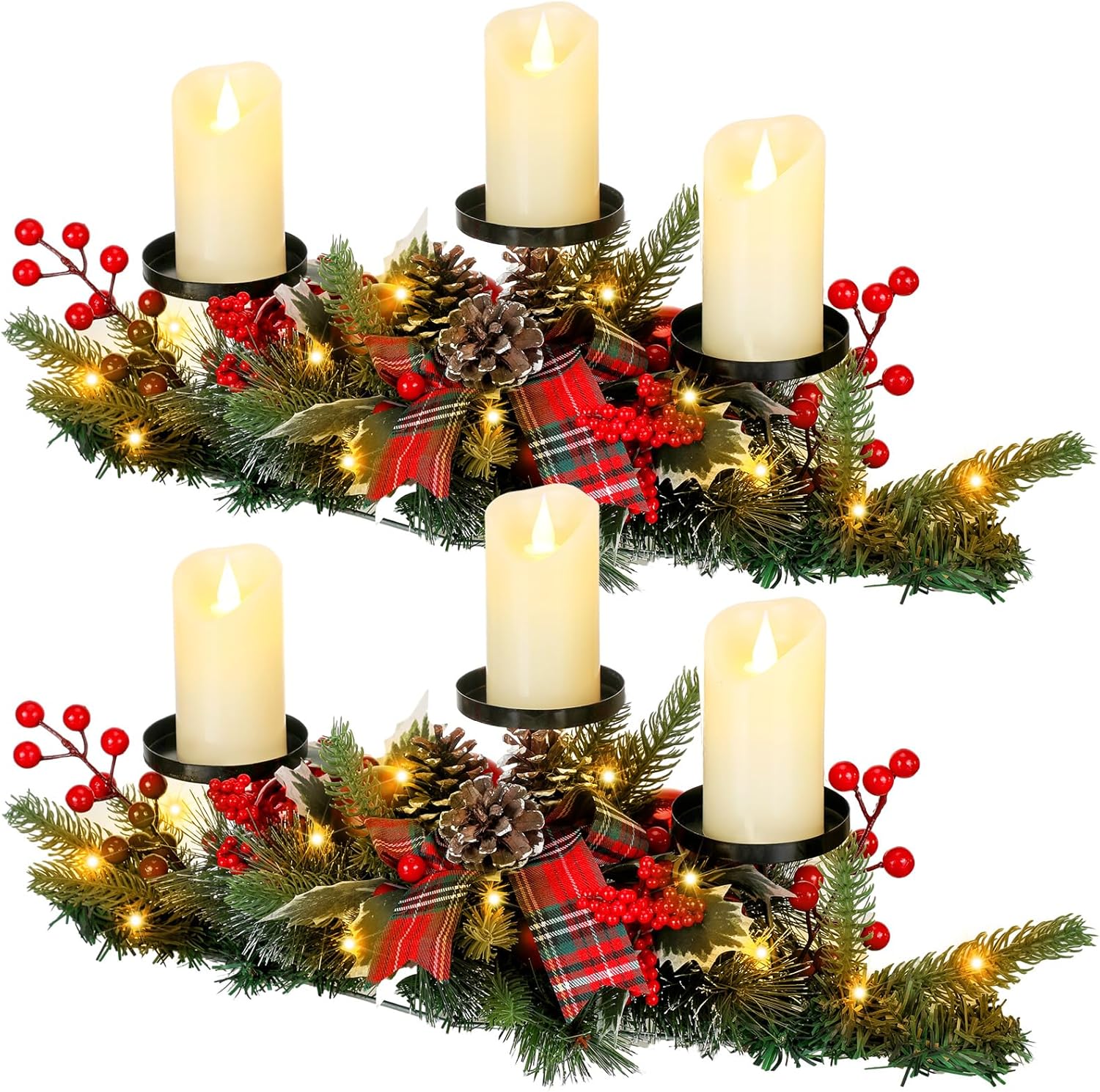 2 piezas de decoración de mesa de Navidad con 6 luces LED artificiales, funciona con pilas, candelabros triples para Navidad, para comedor, cocina,