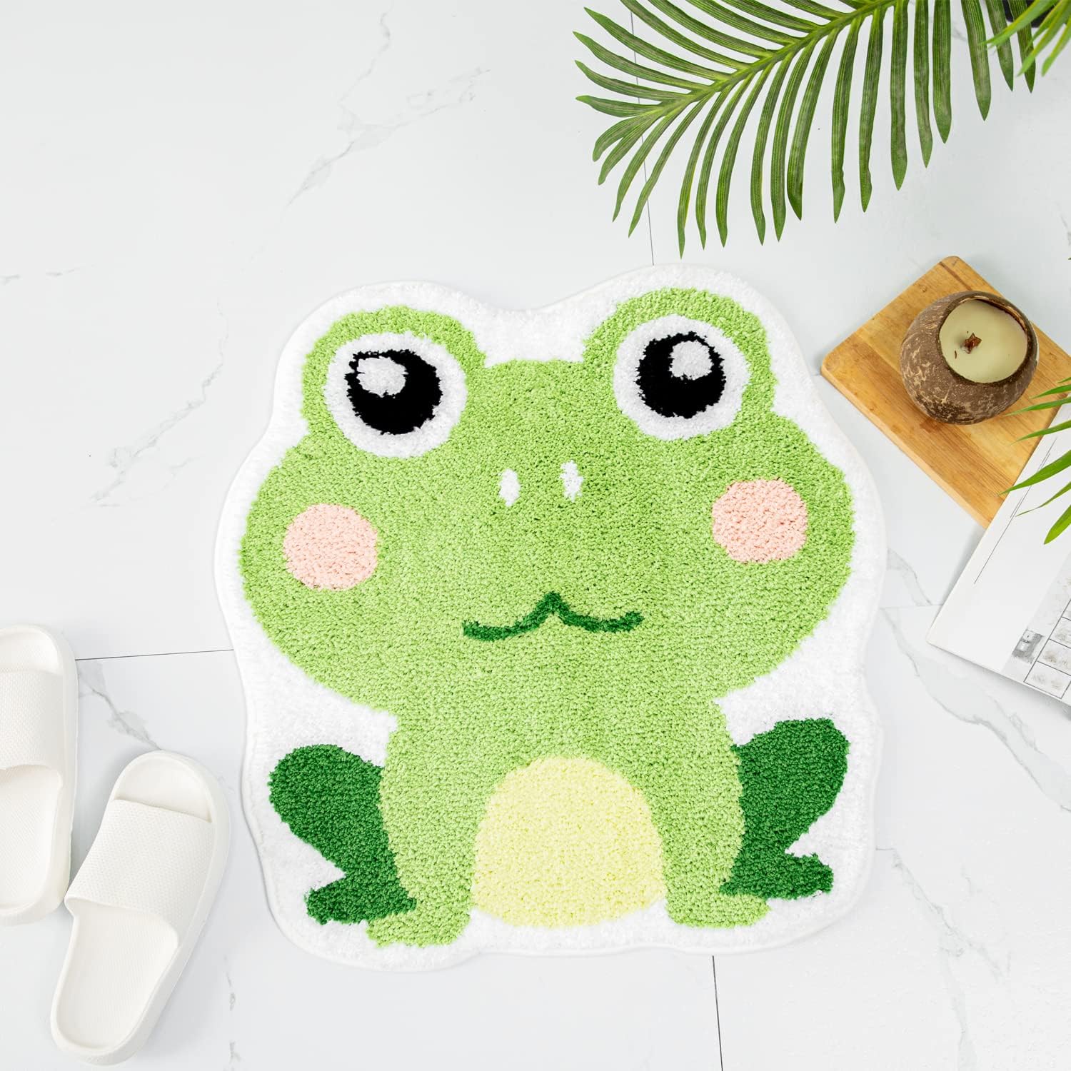 Bonita alfombra de baño de rana para baño, alfombra de baño verde, antideslizante, tapete de puerta de animal de rana, tapete de baño divertido