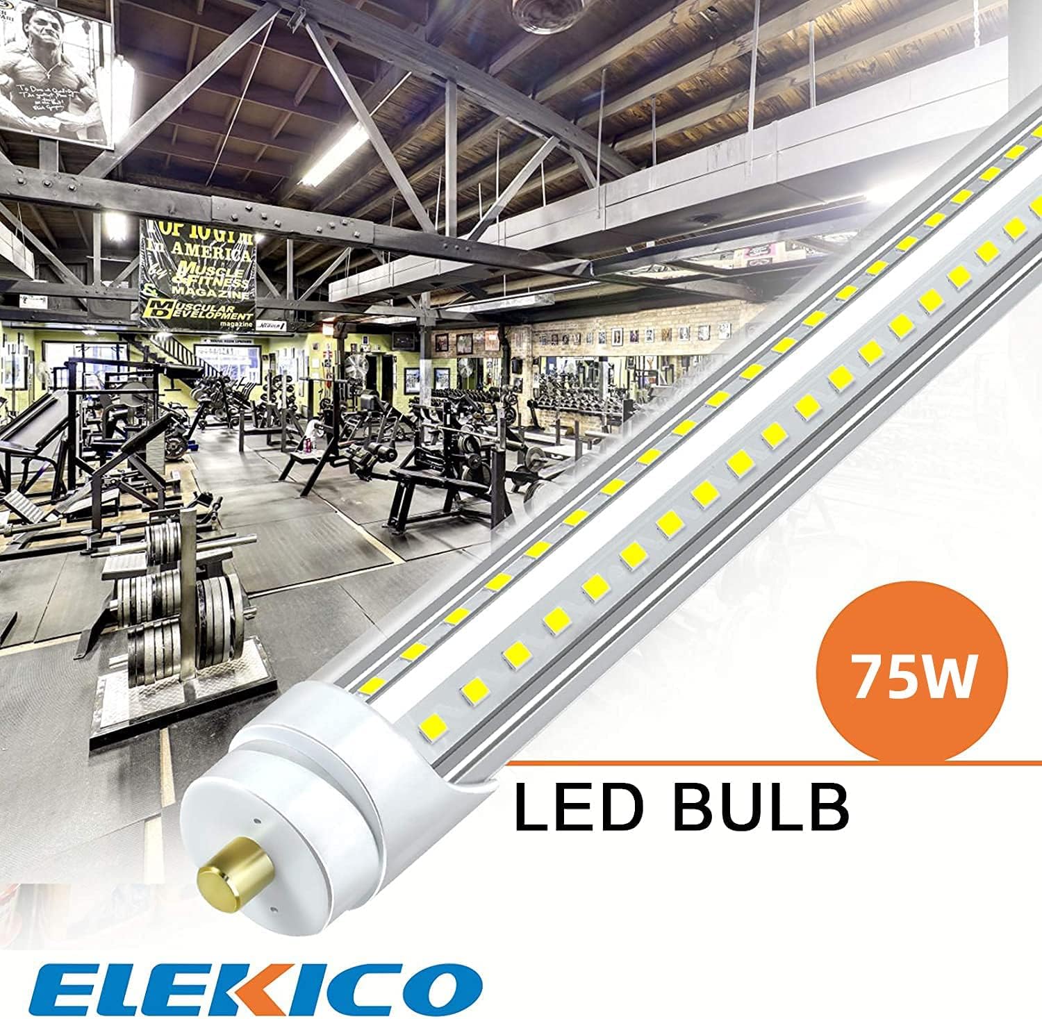 ELEKICO Bombillas LED de 8 pies, 5000 K, 75 W, 9500 lm, 8 pies, bombillas LED de tienda FA8, base de un solo pin en forma de V, cubierta