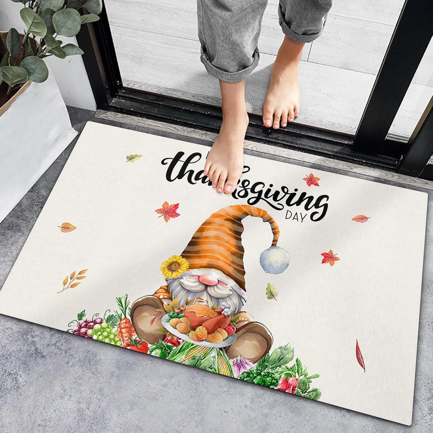 Bath Rugs Entrance Non Slip Front Door Mat Gnome Farm Vegetables Fruit Thanksgiving Kitchen Carpets Fall Harvest Maple Leaf Floor Mats for Bathroom