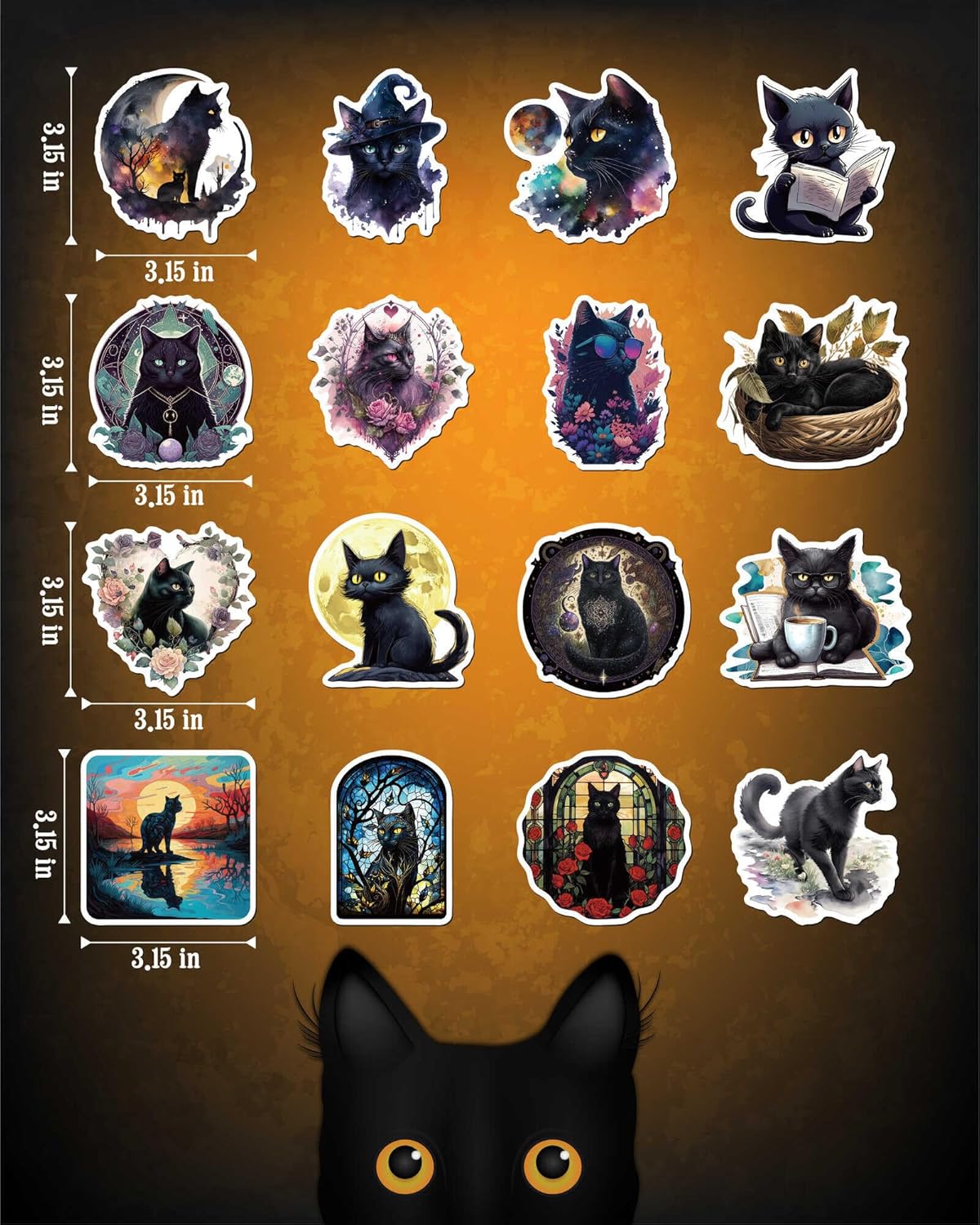 100 PCS Black Cat Stickers, 3.15″ Cat Stickers Pack, Aesthetic Vinyl Waterproof Stickers for Water Bottles Laptop Phone Case Luggage Car, Black Cat
