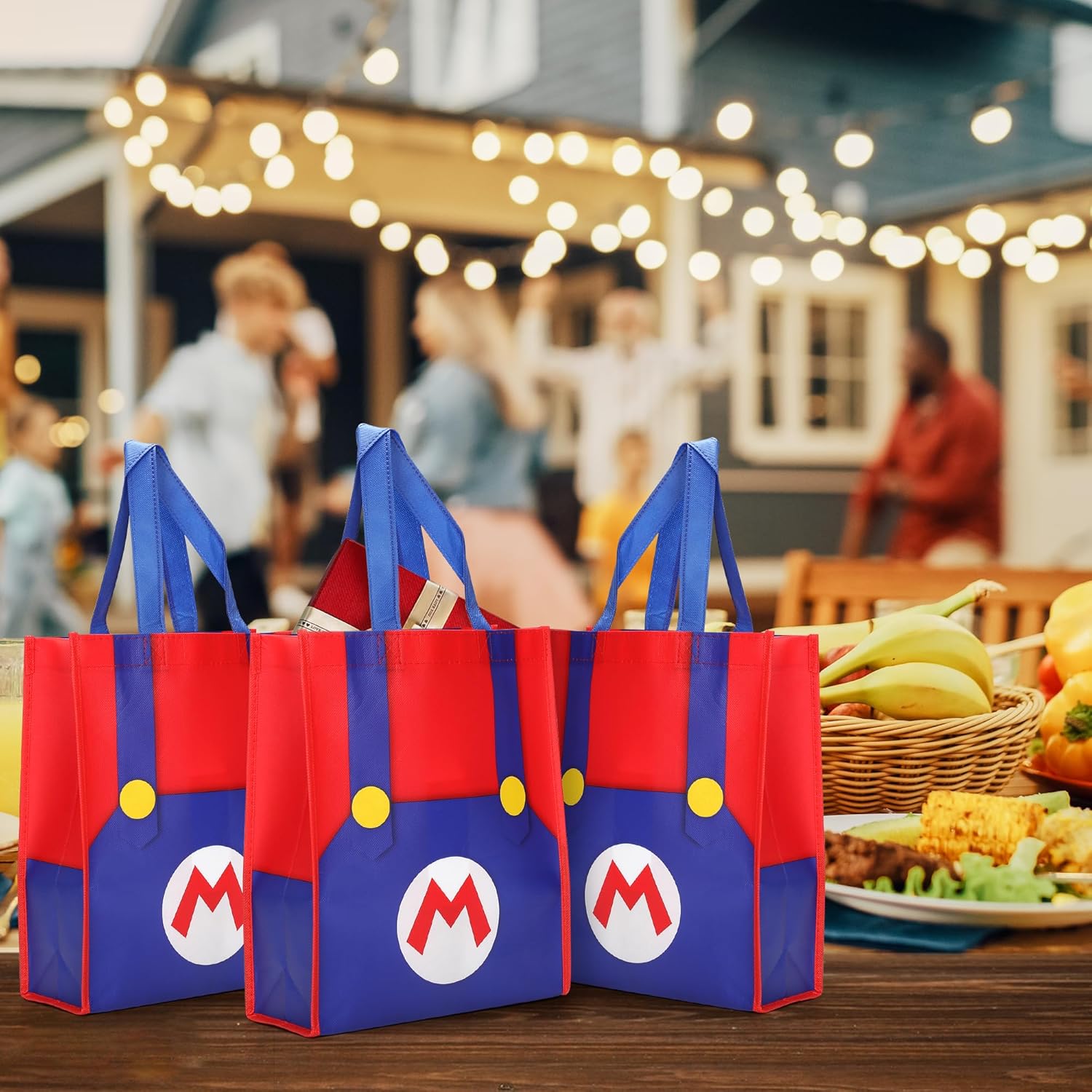Bolsa de lona con patrón de dibujos animados, bolsa de compras reutilizable respetuosa con el medio ambiente, adecuada para fiestas de cumpleaños,