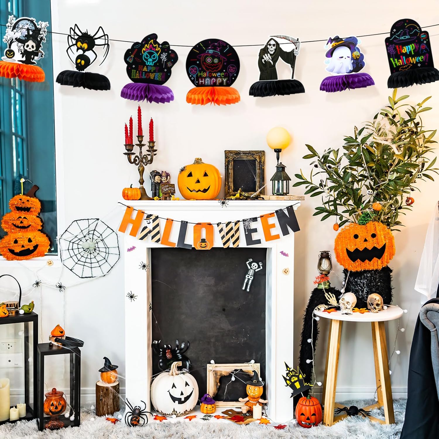 LIHAO Centros de mesa luminosos de panal de abeja de Halloween, 12 piezas para fiestas, decoraciones de Halloween, fantasma, calabaza, calavera,