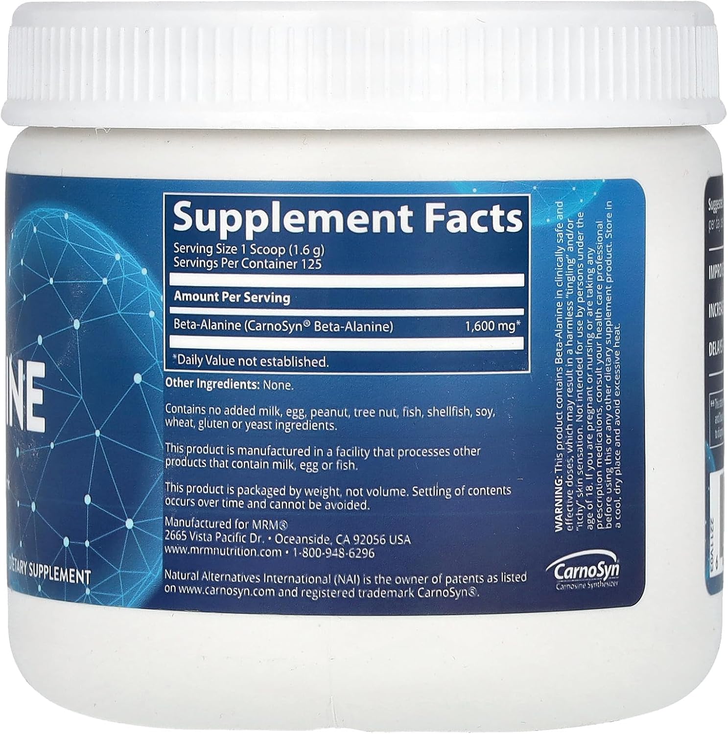 MRM Nutrición Beta-alanina  Equilibrar el pH muscular  Rendimiento + resistencia  Sin gluten + vegano  125 porciones