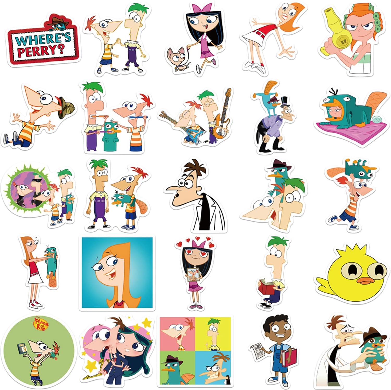 50 calcomanías de dibujos animados de Phineas y Ferb para niños, lindas y divertidas calcomanías de dibujos animados para laptop, botellas de agua,