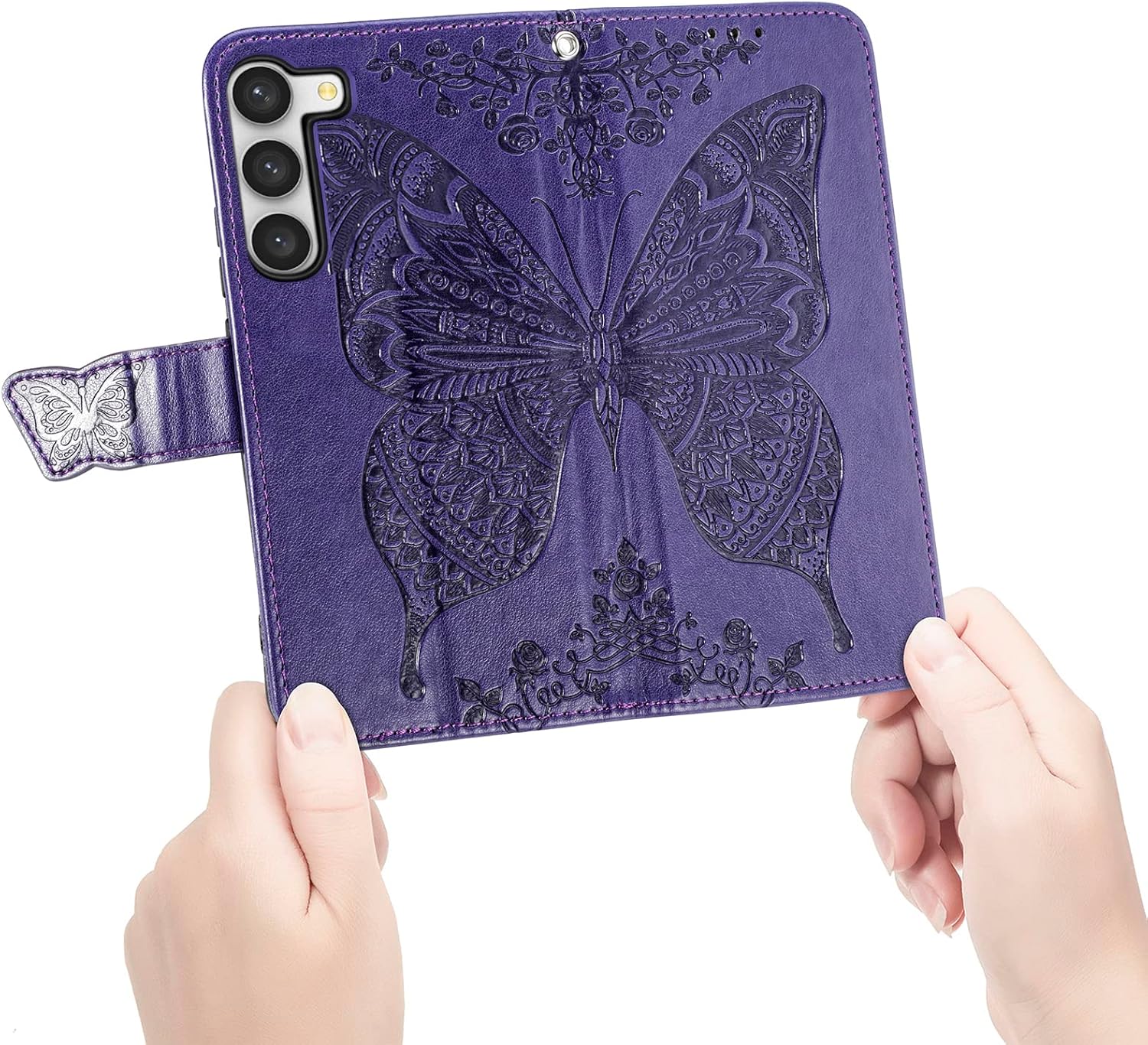 Funda tipo cartera para Galaxy S23 5G, con estampado de mariposas y flores, de piel sintética, con ranuras para tarjetas y función atril para