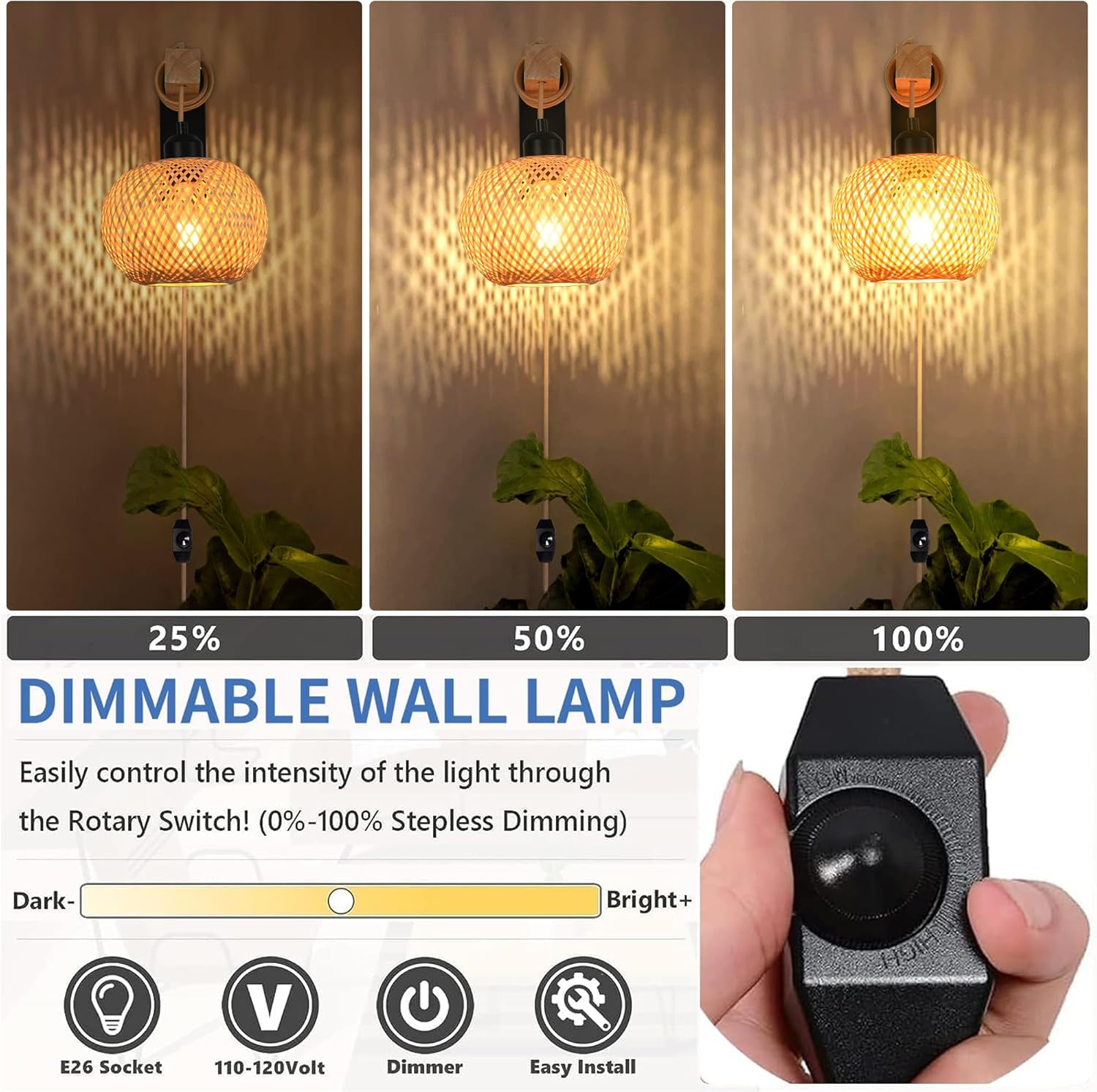 Juego de dos apliques de pared de ratán enchufables, apliques de pared de bambú tejidos a mano con interruptor, aplique de pared negro rústico
