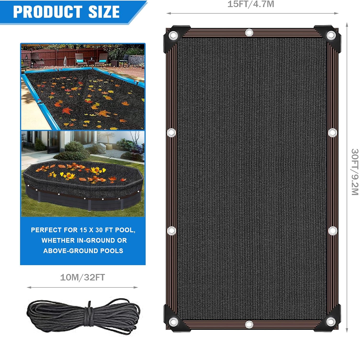 Cubierta ovalada de red para hojas de piscina, 15 x 30 pies, ovalada sobre el suelo, cubierta de red de hojas de malla fina para piscina, cubierta
