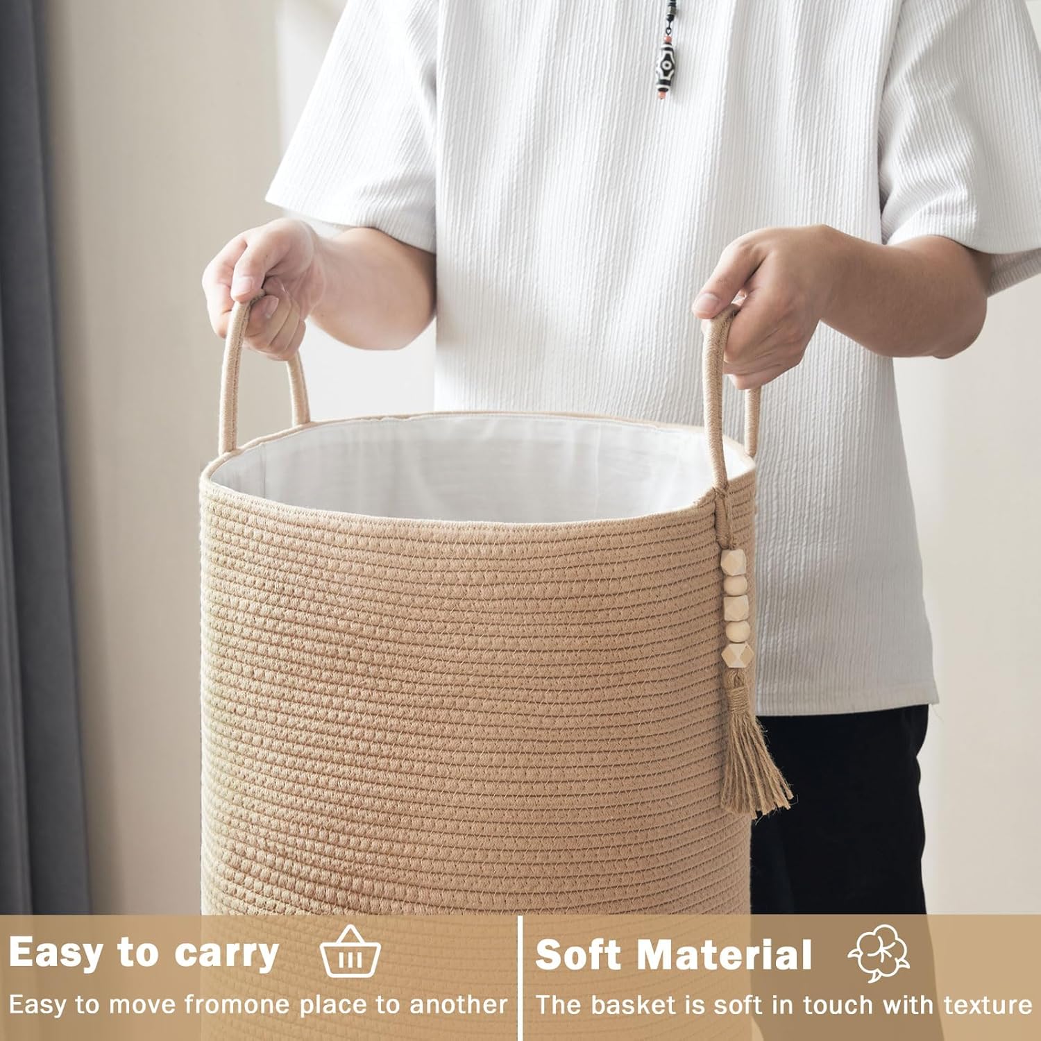 Cesta de lavandería tejida de 58 litros, canasta alta para mantas, cesta de ropa para lavandería, dormitorio, sala de estar, decoración del hogar,