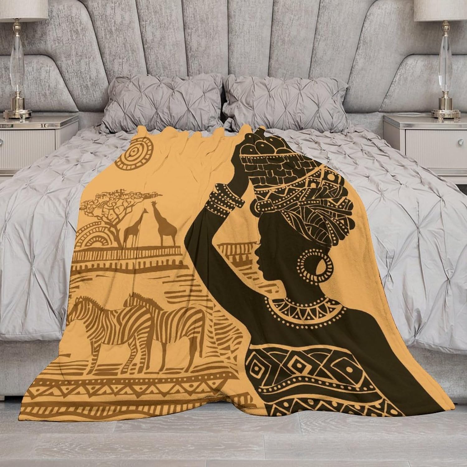 Manta de mujer afroamericana con animales salvajes de naturaleza y animales salvajes, para cama, sofá, sillón de doble cara, silla de oficina,