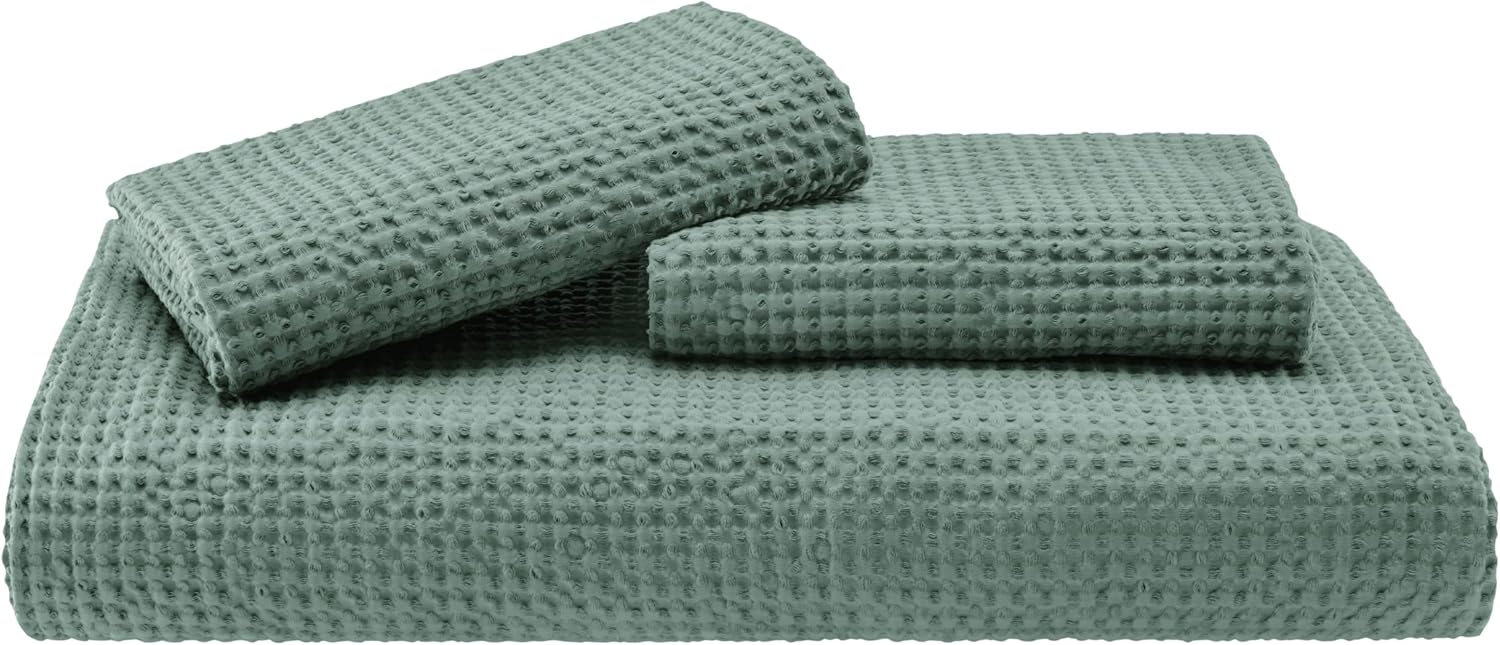 Bedsure Juego de funda de edredón de algodón tamaño King, 100% algodón, tejido de gofre, color verde, suave y transpirable, para todas las