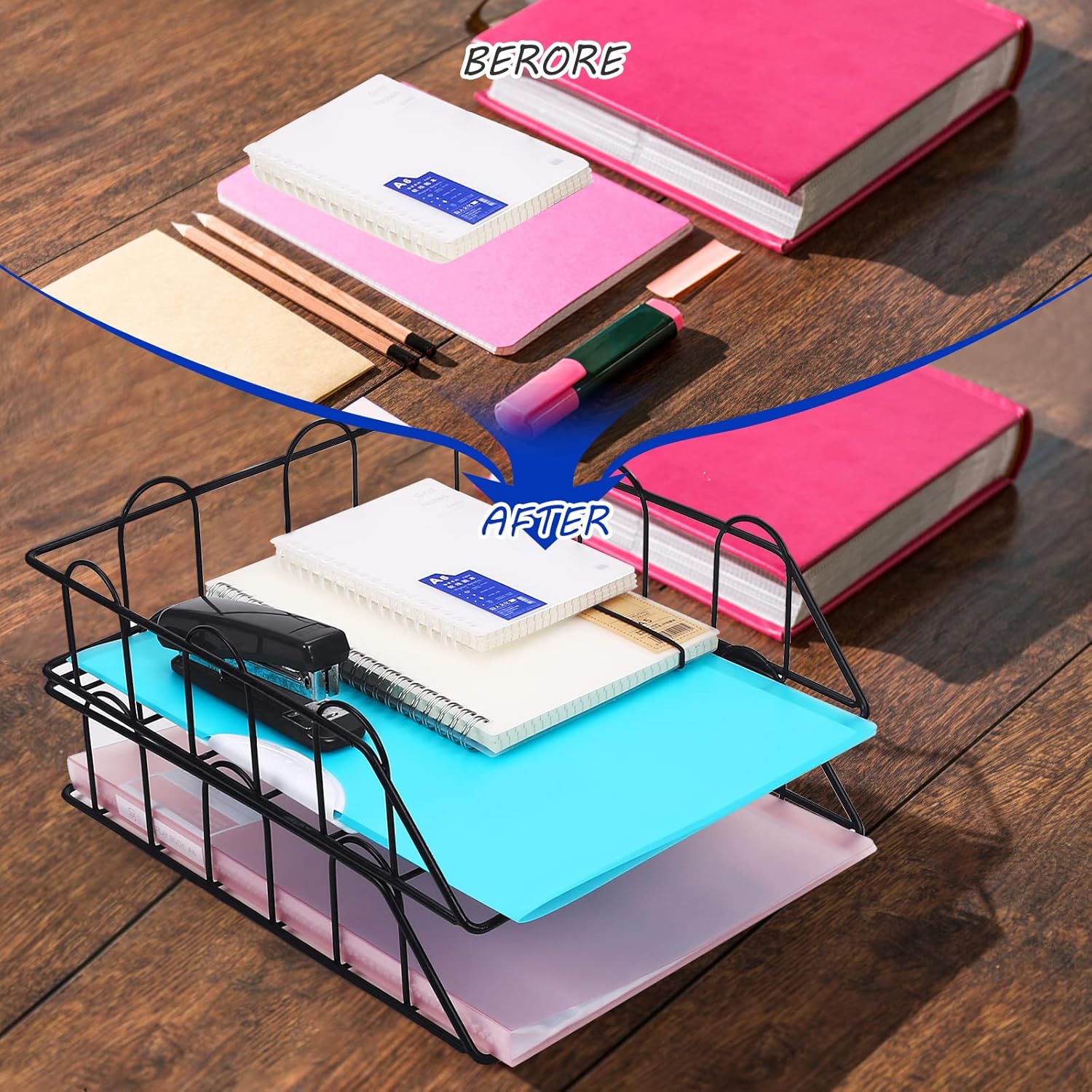 Bandeja de papel apilable, organizador de escritorio multifuncional de 2 niveles, bandeja de letras de metal, organizador de escritorio para