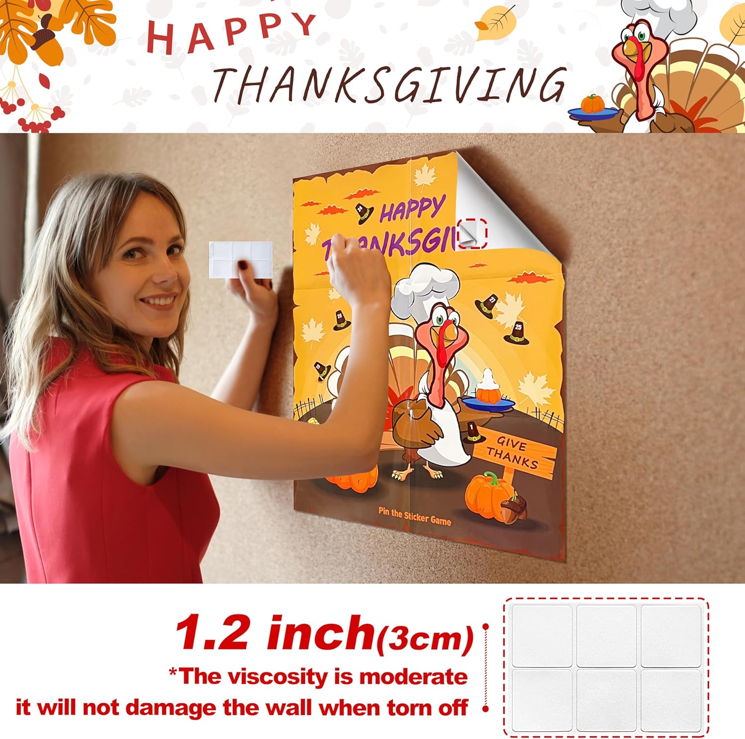 Juegos de Acción de Gracias para niños familiares, Pin The Tail on the Turkey Stickers Juegos para niños, actividades de decoración de fiesta de