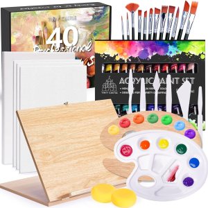 Juego de arte de caballete, 40 piezas de suministros de pintura con 1 caballete de arte, 24 juegos de pintura acrílica, 4 lienzos de pintura, 12 Juego de arte de caballete, 40 piezas de suministros de pintura con 1 caballete de arte, 24 juegos de pintura acrílica, 4 lienzos de pintura, 12