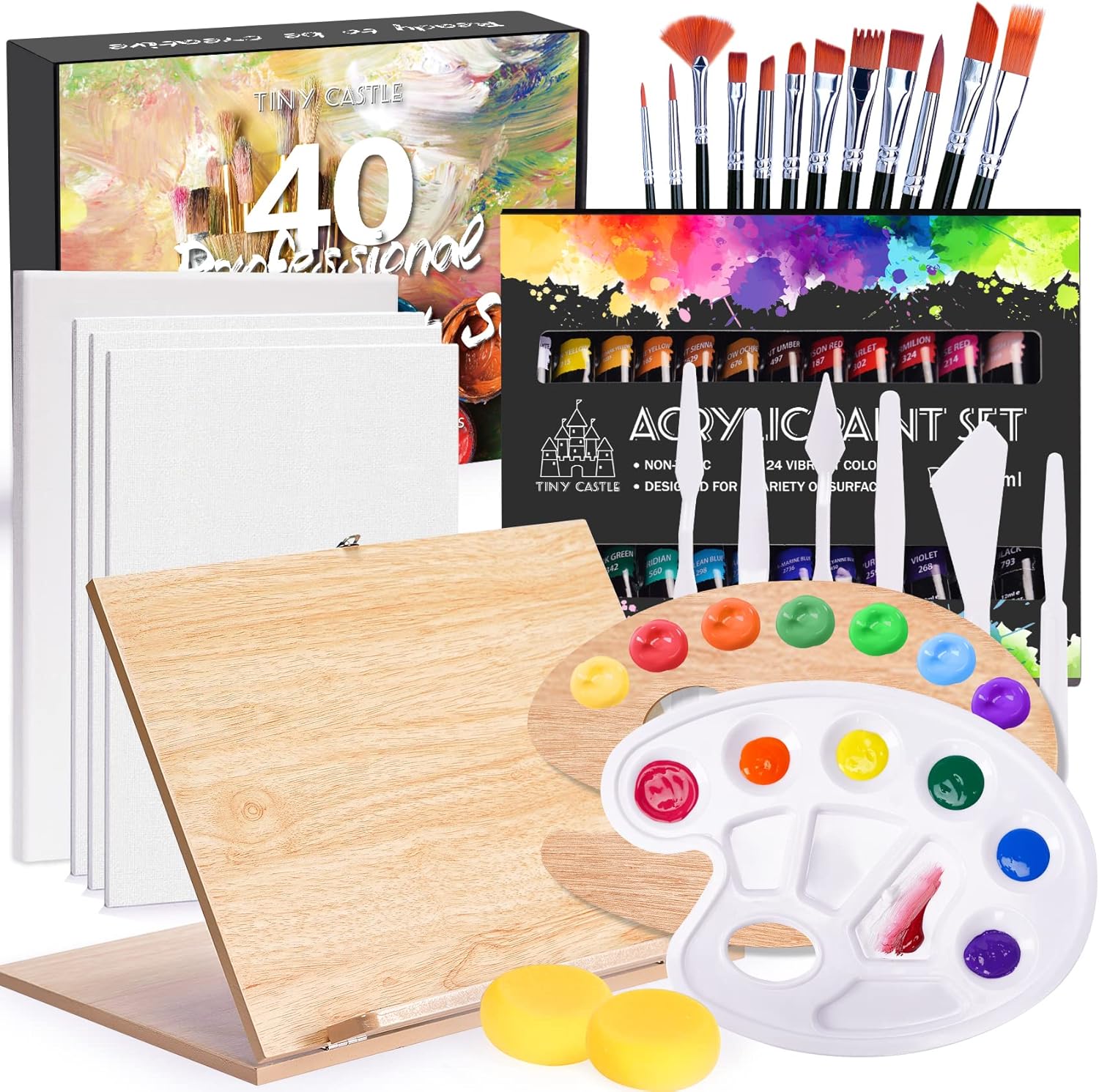 Juego de arte de caballete, 40 piezas de suministros de pintura con 1 caballete de arte, 24 juegos de pintura acrílica, 4 lienzos de pintura, 12