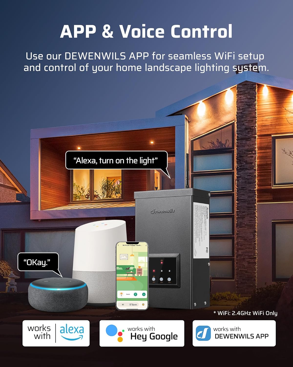 DEWENWILS Transformador de bajo voltaje Wi-Fi de 120 W, 3 salidas independientes, 120 V CA a 12 V14 V CA, transformador de paisaje de bajo voltaje