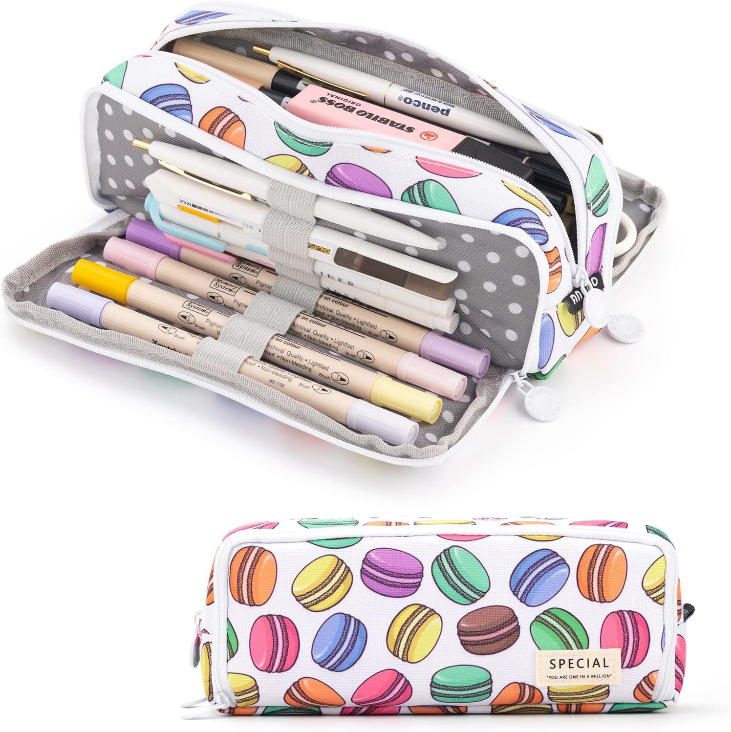 ANGOOBABY Estuche grande de gran capacidad, 3 compartimentos, de lona, para adolescentes, niños, niñas, estudiantes escolares (macarrón blanco)