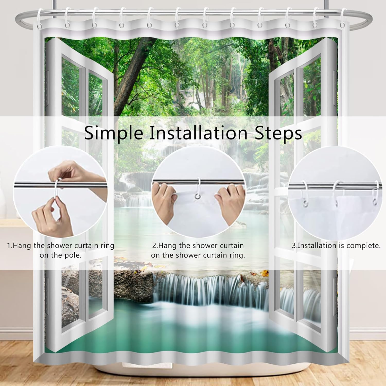 Renaiss Cortina de ducha de cascada de bosque de 72 x 72 pulgadas, diseño de bosque verde, agua, lago, selva tropical, selva, blanco, ventana de