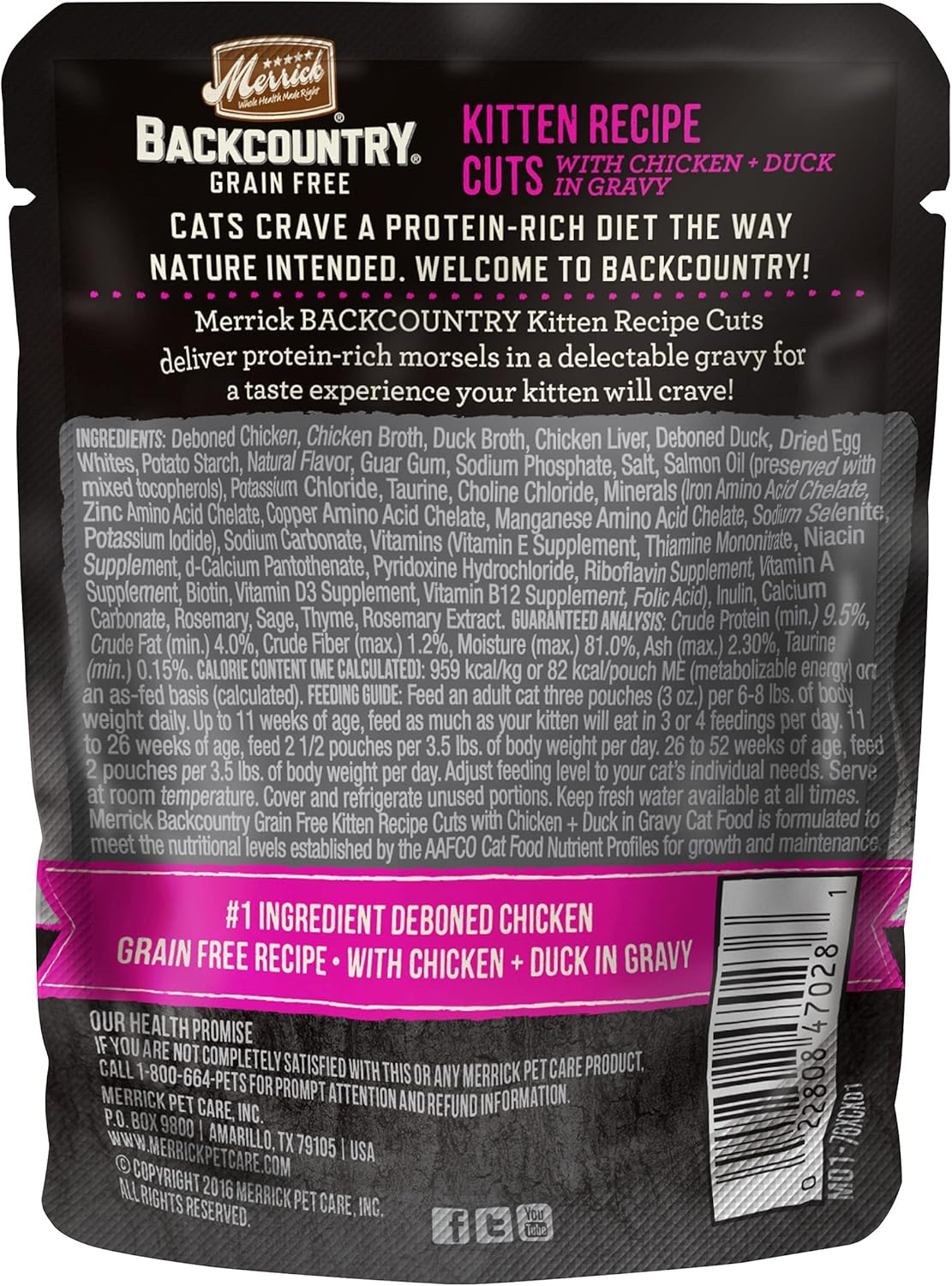 Merrick Backcountry – Alimento húmedo natural para gatos, cortes de receta de gatitos con pollo y pato en salsa, vitaminas y minerales añadidos,