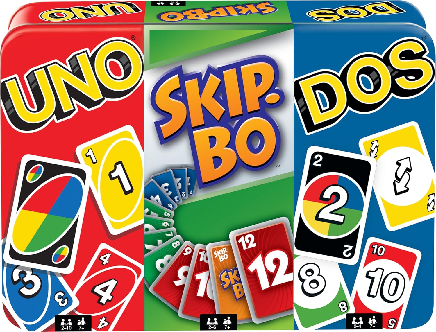 Mattel Games Juego de 3 juegos de cartas, UNO, DOS segunda edición y Skip-Bo, juegos de viaje y camping en caja de lata de almacenamiento