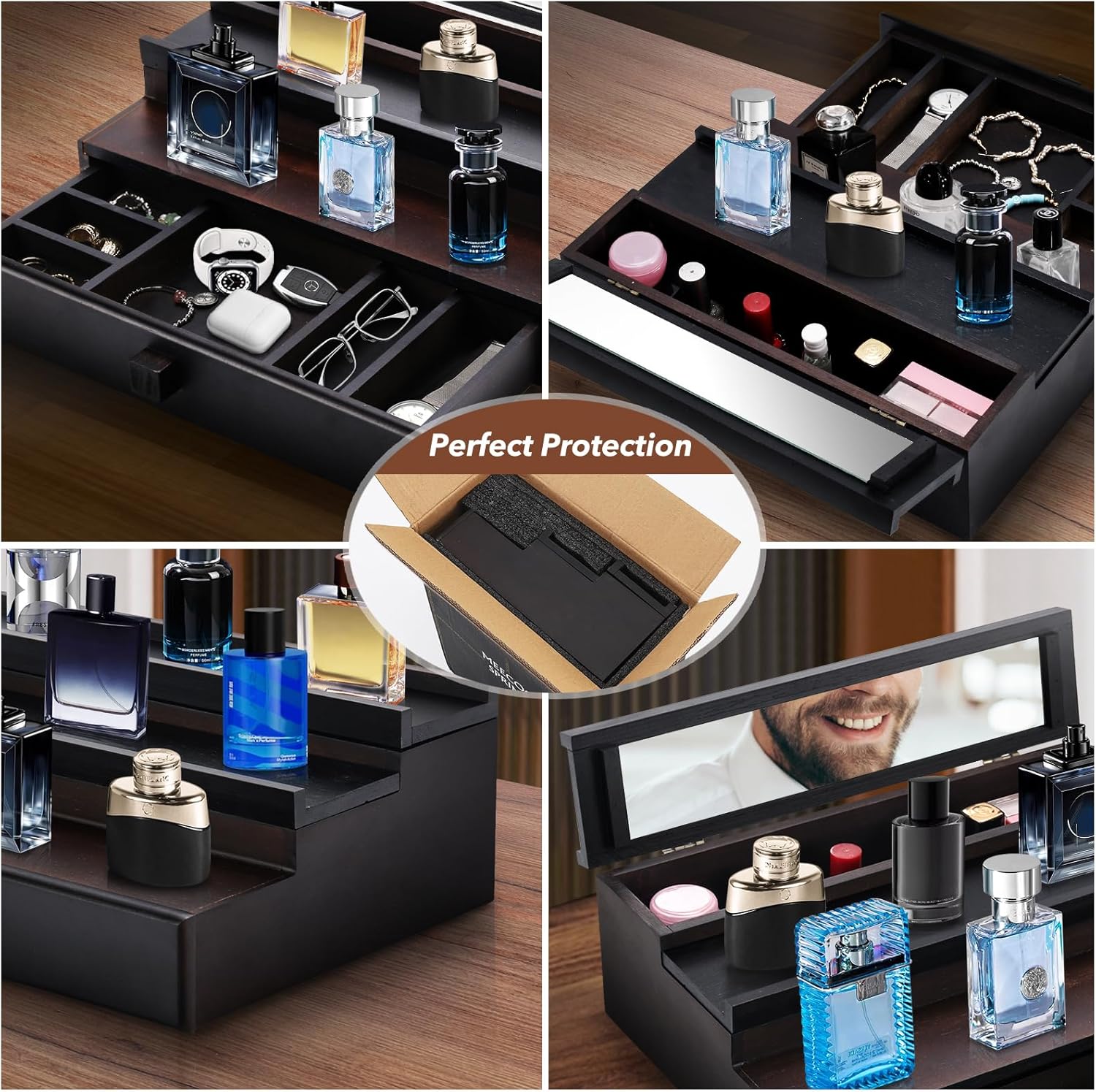 Organizador de colonia de madera para hombres, soporte de colonia de 3 niveles con espejo, soporte de colonia con cajón y compartimento oculto,