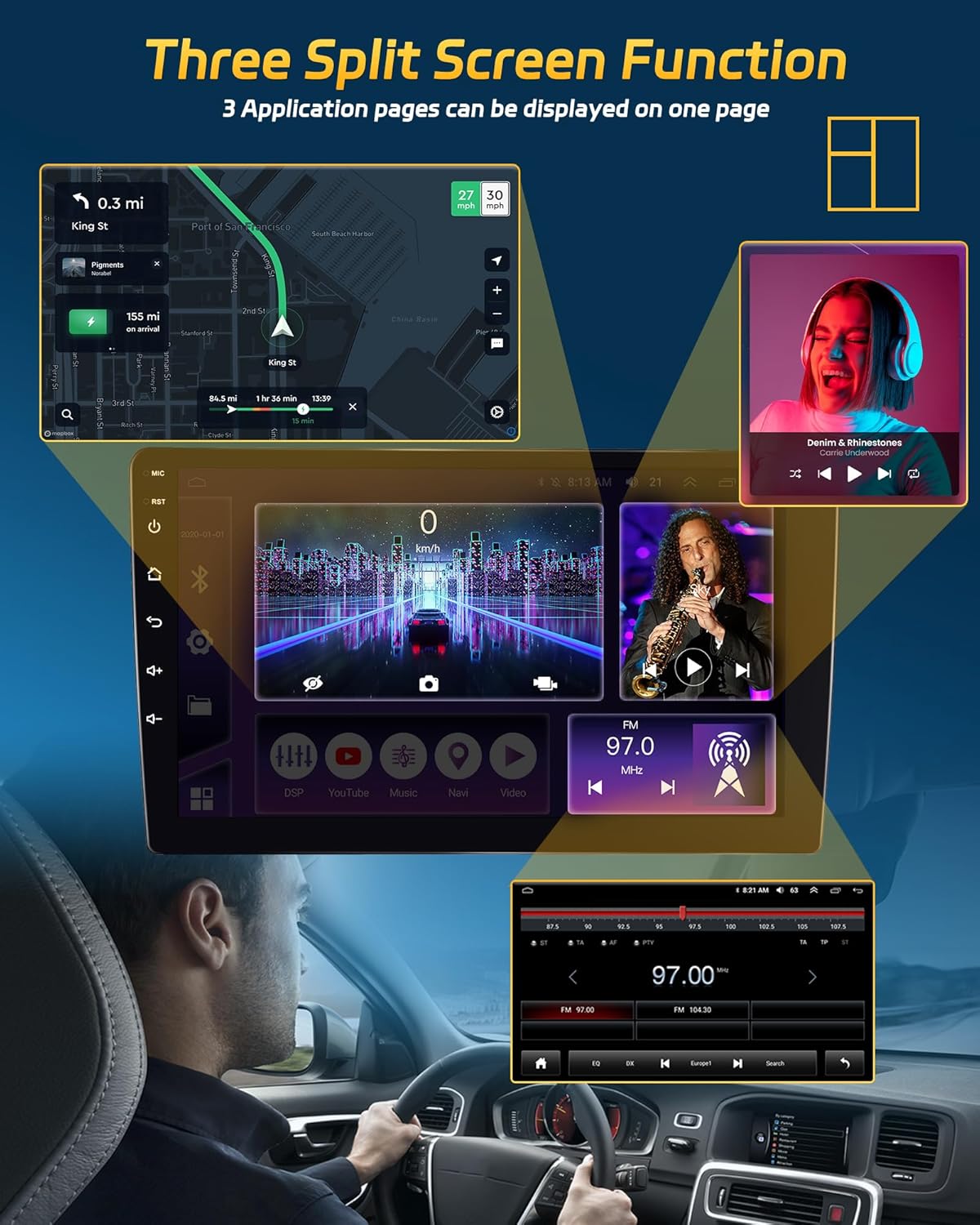 Hikity Android 13 Estéreo de coche inalámbrico Apple Carplay Android Auto, 8 Core 4+64G Doble Din 9 pulgadas Pantalla táctil Audio del coche