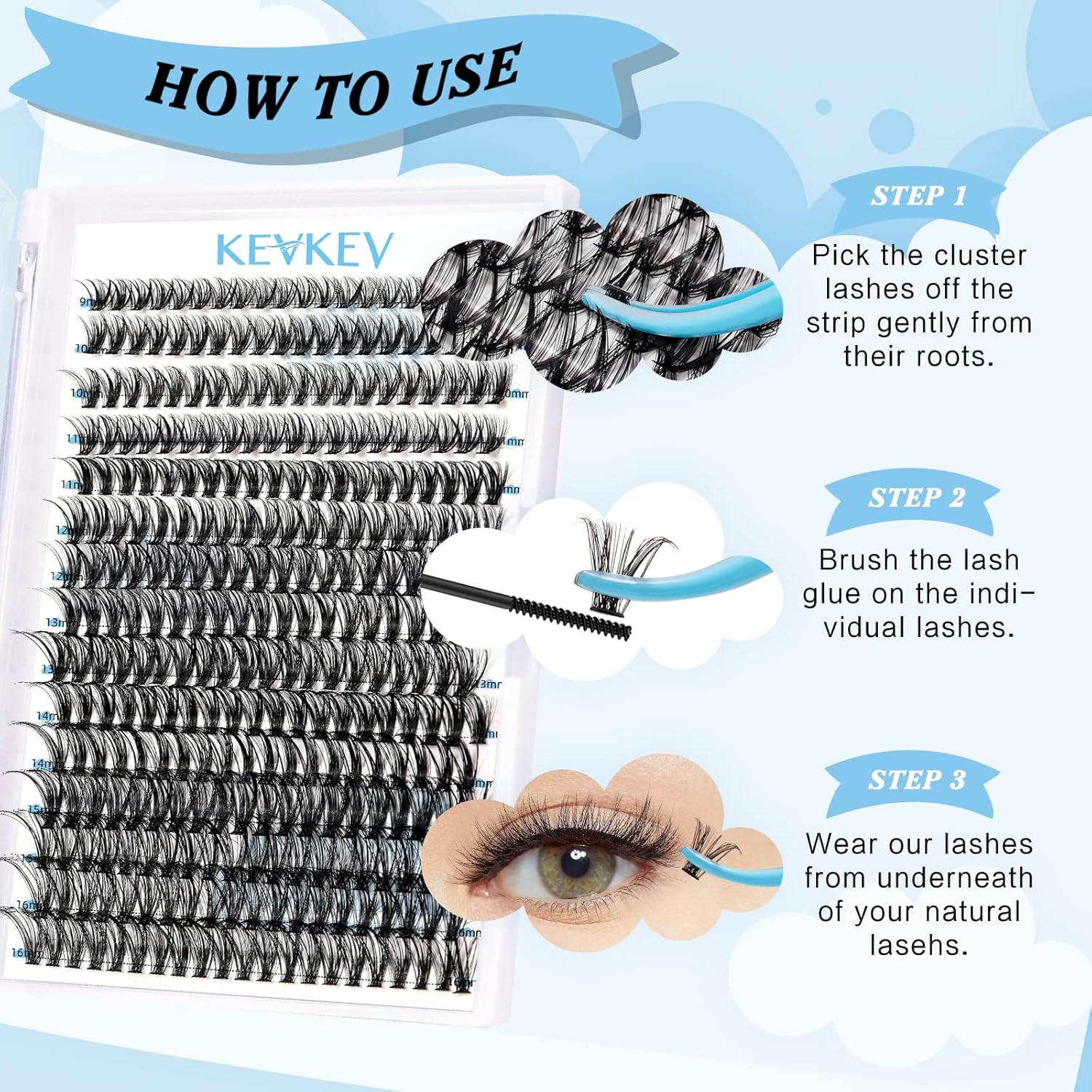 KevKev 300 unidades de pestañas individuales en racimo de pestañas que parecen extensiones de pestañas autoaplicadas en casa con volumen y aspecto