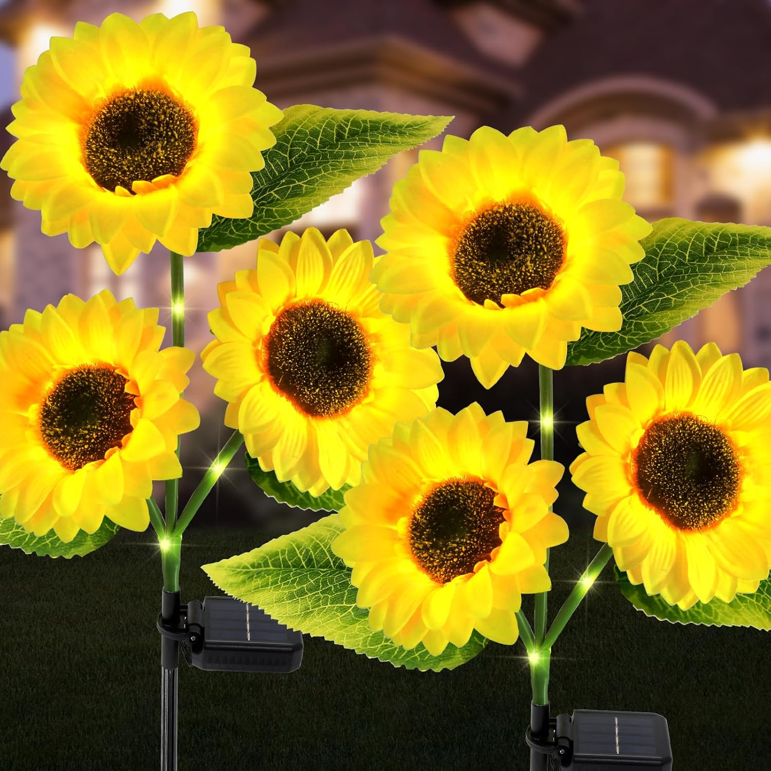 Paquete de 2 luces solares para decoración de jardín al aire libre con 6 luces LED de girasol, luces solares impermeables al aire libre para