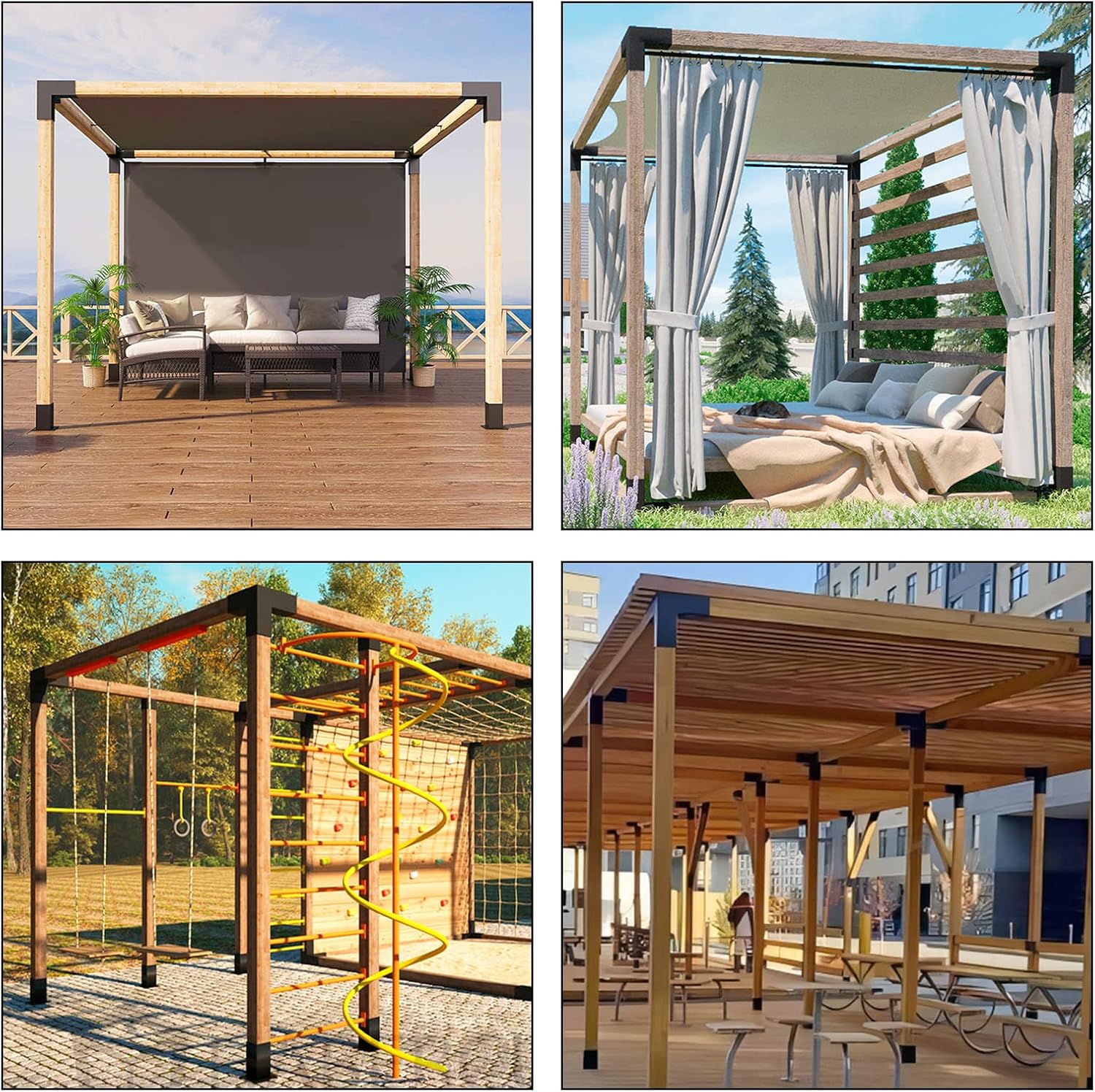 Kit de soportes para pérgola 4×4, soportes de esquina de carpintería con recubrimiento de polvo de 3 vías, 1 hombro de soporte y 1 base de poste de