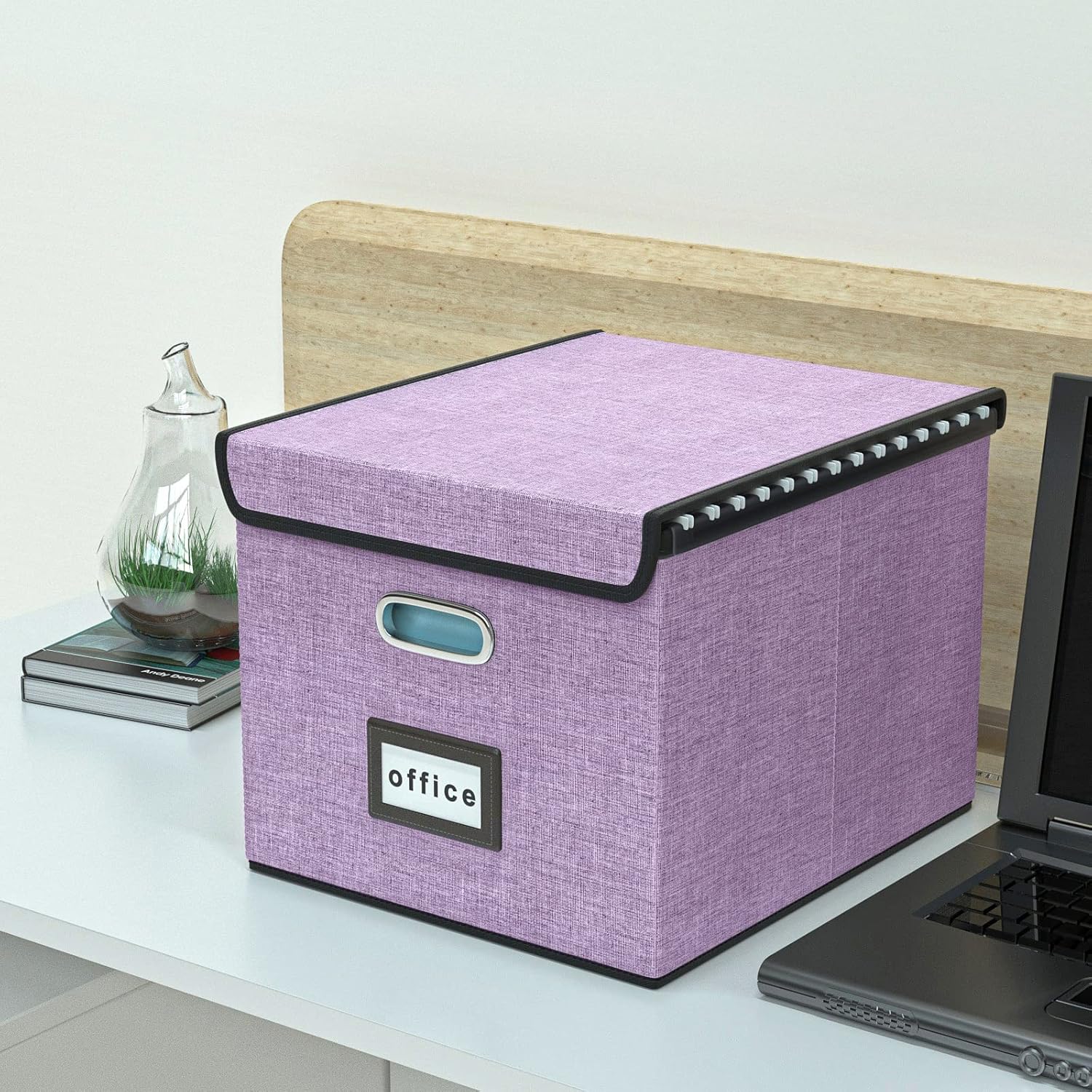 Huolewa – Organizador de archivos decorativo con tapa, caja de almacenamiento colgante de lino con tobogán de plástico para oficinadecoraciónhogar,