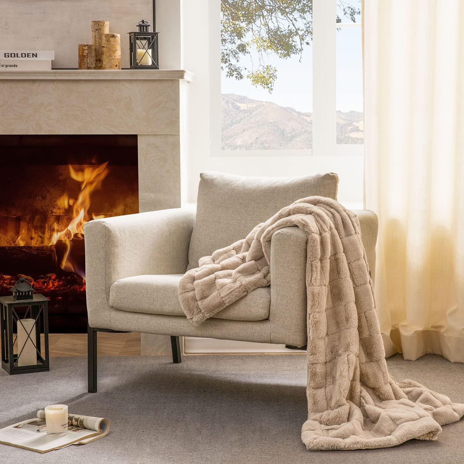 Kingole Manta de lujo de piel sintética de conejo, acogedor sofá cama súper suave y cálida microfibra de felpa 350GSM, 50 x 60 pulgadas, beige