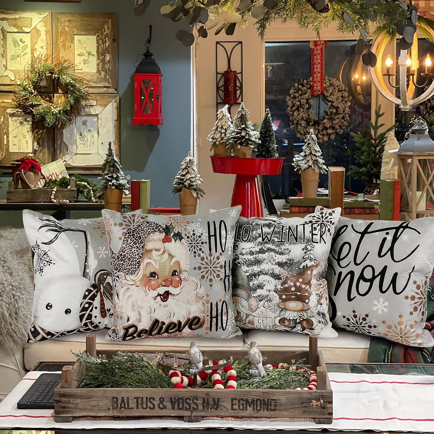 Juego de 4 fundas de almohada de Navidad de 18 x 18 pulgadas, diseño de copos de nieve, gnomos de árbol de Navidad, rústico, para invierno,